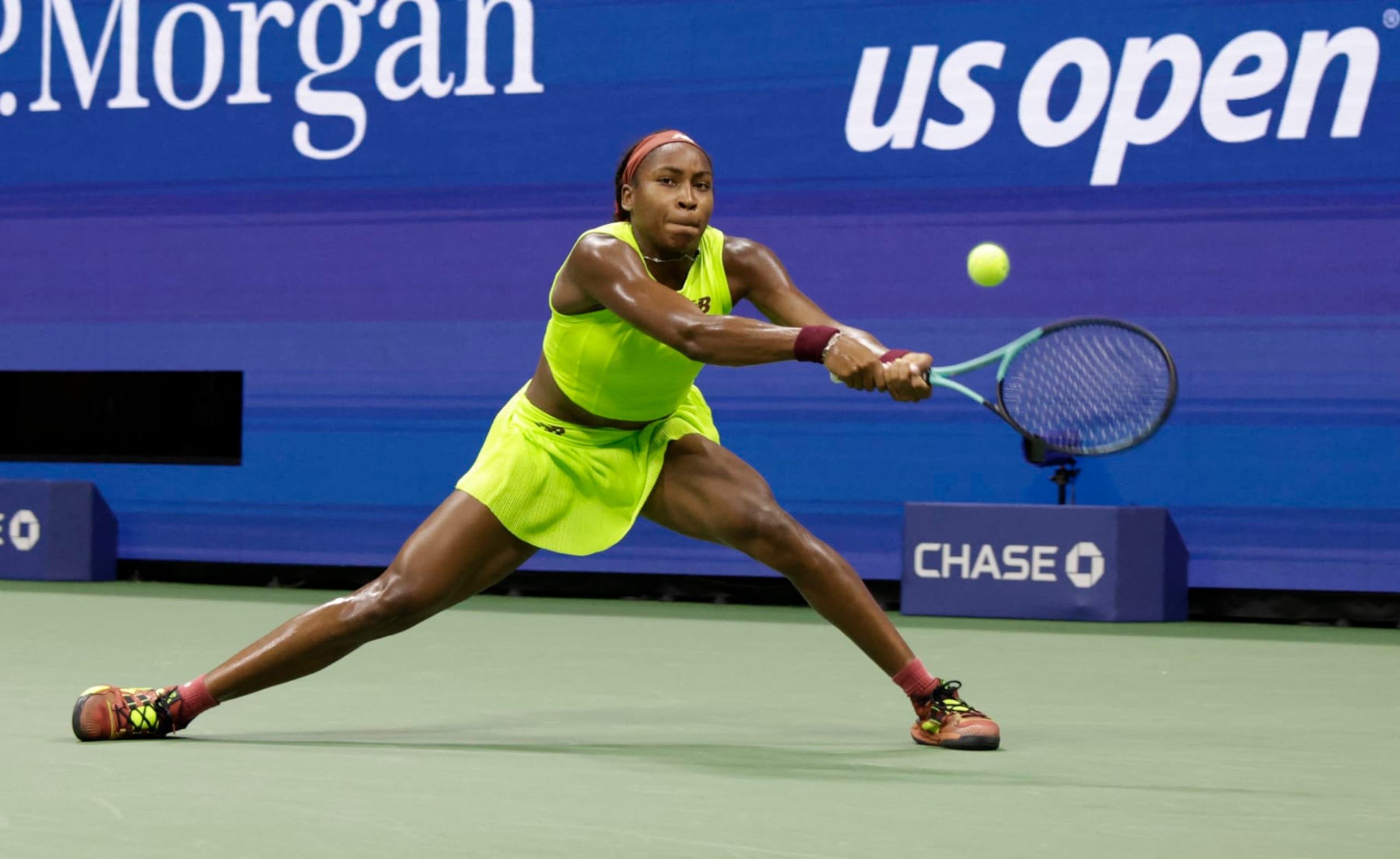USA's Coco Gauff returns the ball to Czech Republic's Karolina Muchova during the US Open tennis tournament women's singles semi-finals match at the USTA Billie Jean King National Tennis Center in New York City, on September 7, 2023. (Photo by KENA BETANCUR / AFP) (Photo by KENA BETANCUR/AFP via Getty Images)