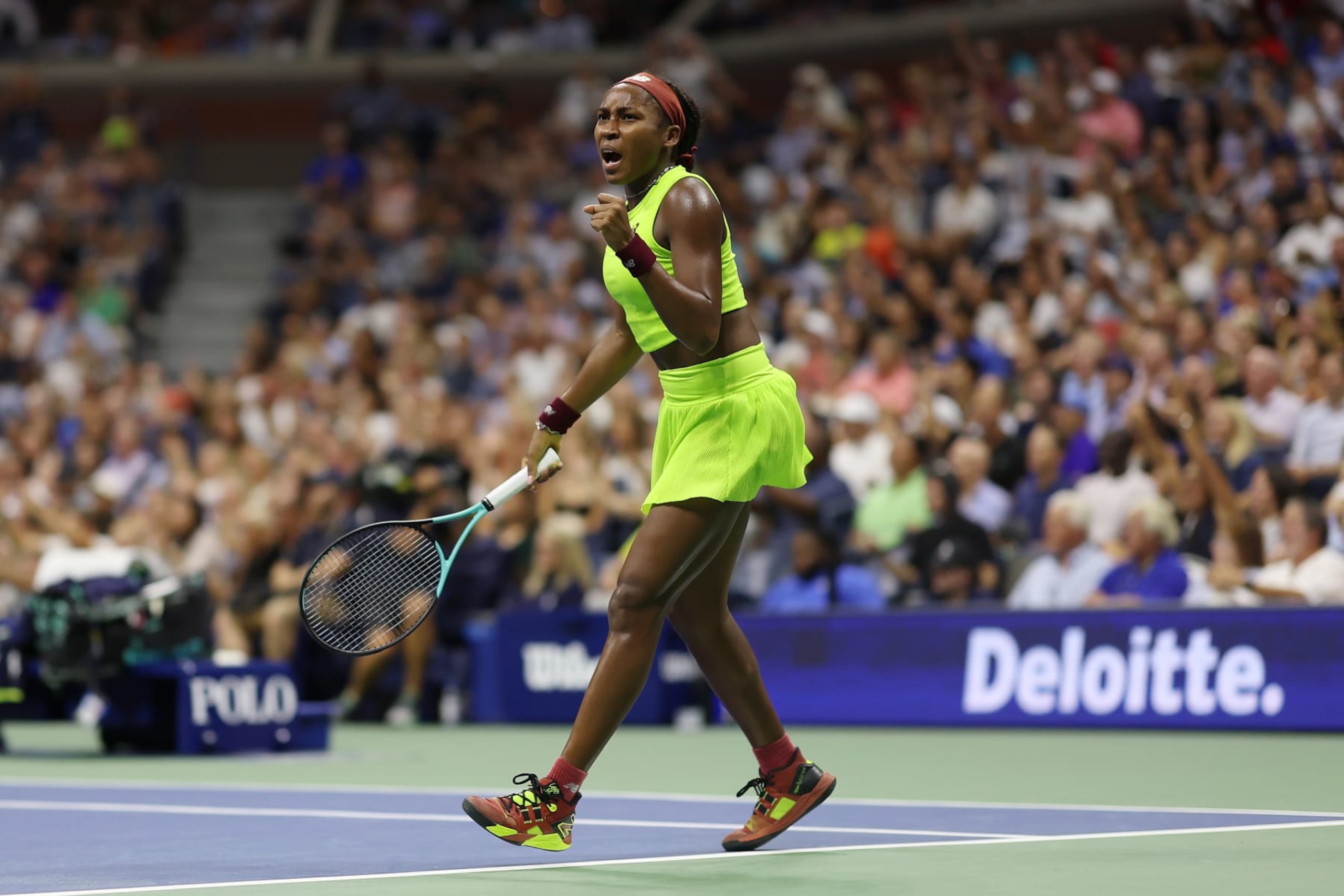 NEW YORK, NEW YORK - SEPTEMBER 07: Coco Gauff of the United States reacts against Karolina Muchova of the Czech Republic during their Women's Singles Semifinal match on Day Eleven of the 2023 US Open at the USTA Billie Jean King National Tennis Center on September 07, 2023 in the Flushing neighborhood of the Queens borough of New York City. (Photo by Clive Brunskill/Getty Images)