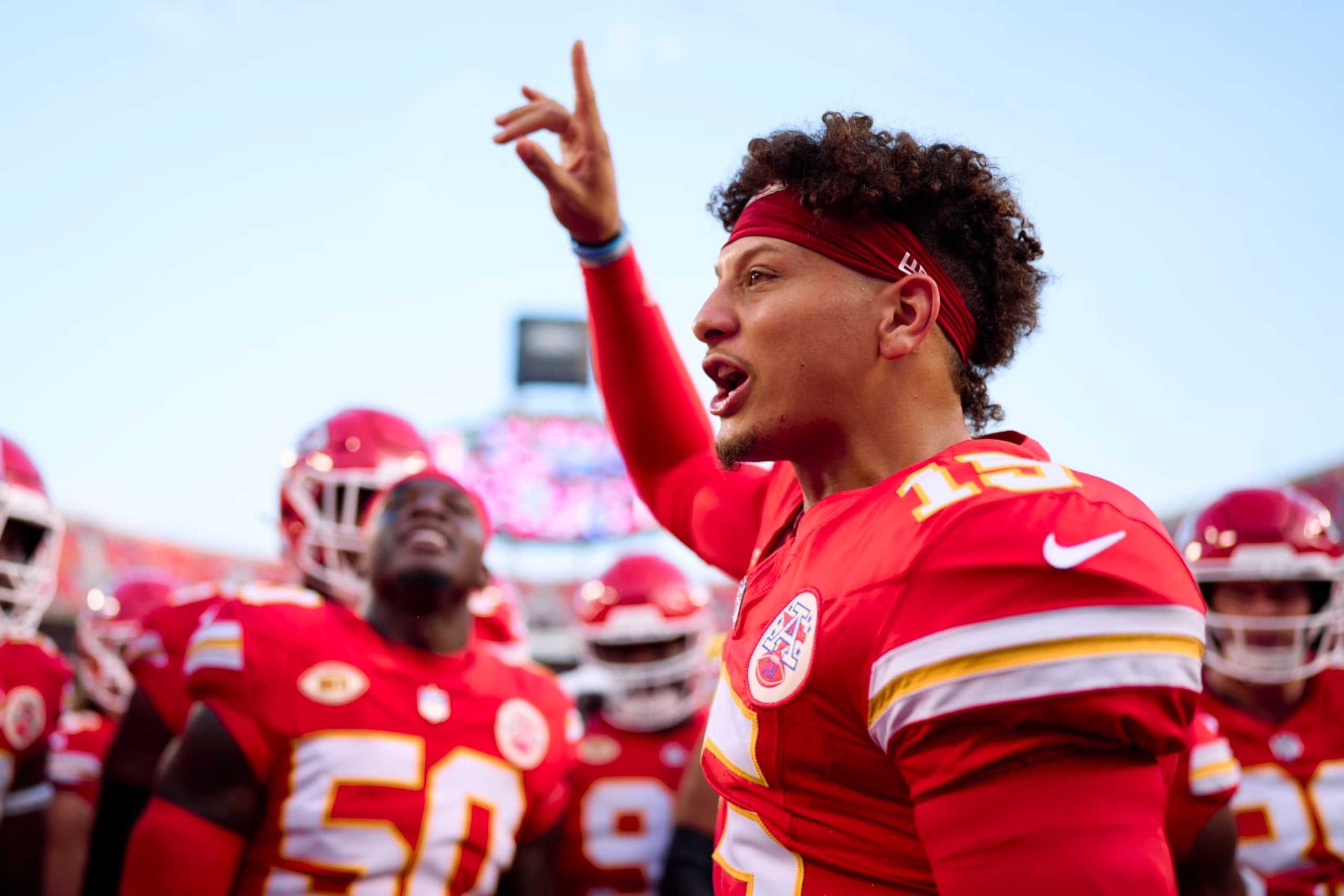 KANSAS CITY, MO - SEPTEMBER 07: Patrick Mahomes #15 of the Kansas City Chiefs leads the pregame huddle before kickoff against the Detroit Lions at GEHA Field at Arrowhead Stadium on September 7, 2023 in Kansas City, Missouri. (Photo by Cooper Neill/Getty Images)
