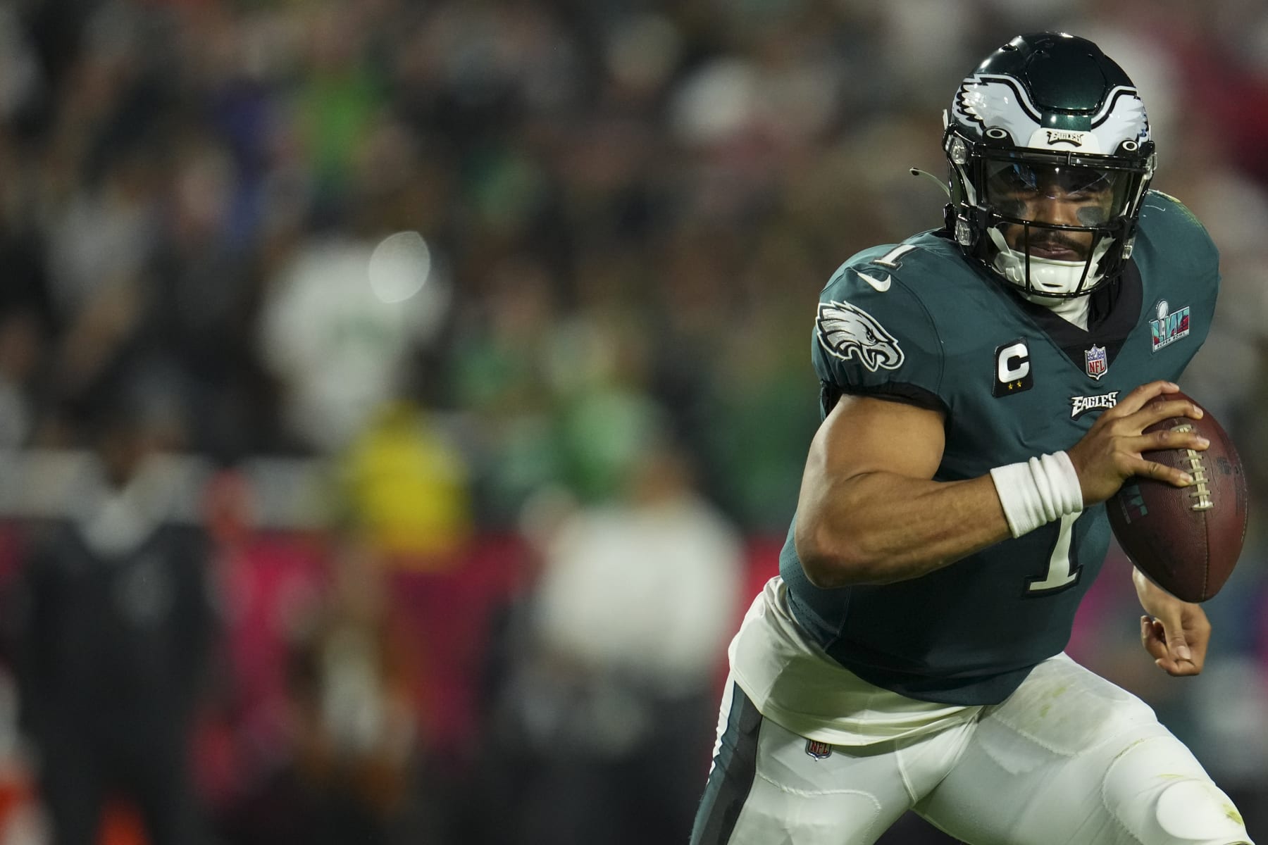 GLENDALE, AZ - FEBRUARY 12: Jalen Hurts #1 of the Philadelphia Eagles scrambles against the Kansas City Chiefs after Super Bowl LVII at State Farm Stadium on February 12, 2023 in Glendale, Arizona. The Chiefs defeated the Eagles 38-35. (Photo by Cooper Neill/Getty Images)