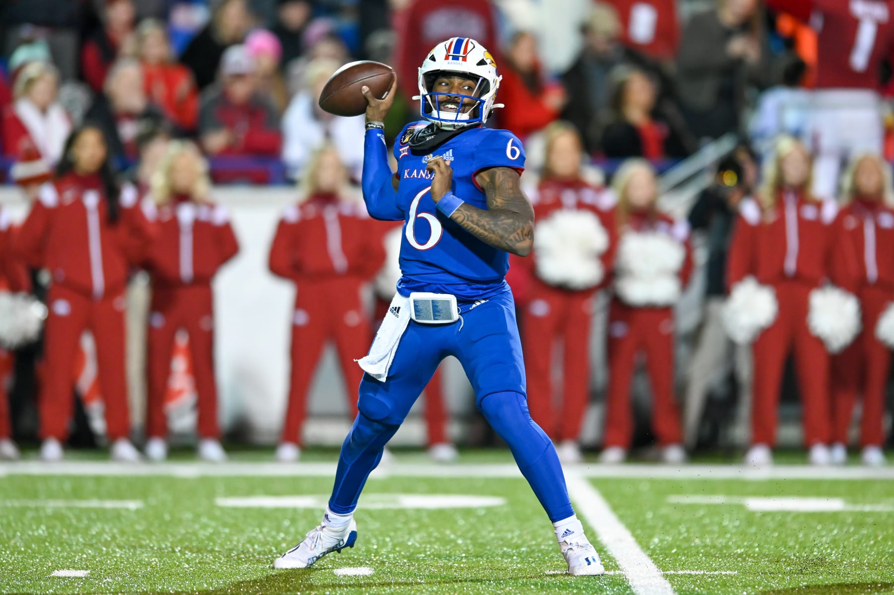 MEMPHIS, TN - DECEMBER 28: Kansas Jayhawks quarterback Jalon Daniels (6) in action during the AutoZone Liberty Bowl between the Kansas Jayhawks and the Arkansas Razorbacks on December 28, 2022 at the Simmons Bank Liberty Stadium in Memphis, TN. (Photo by Kevin Langley/Icon Sportswire via Getty Images)