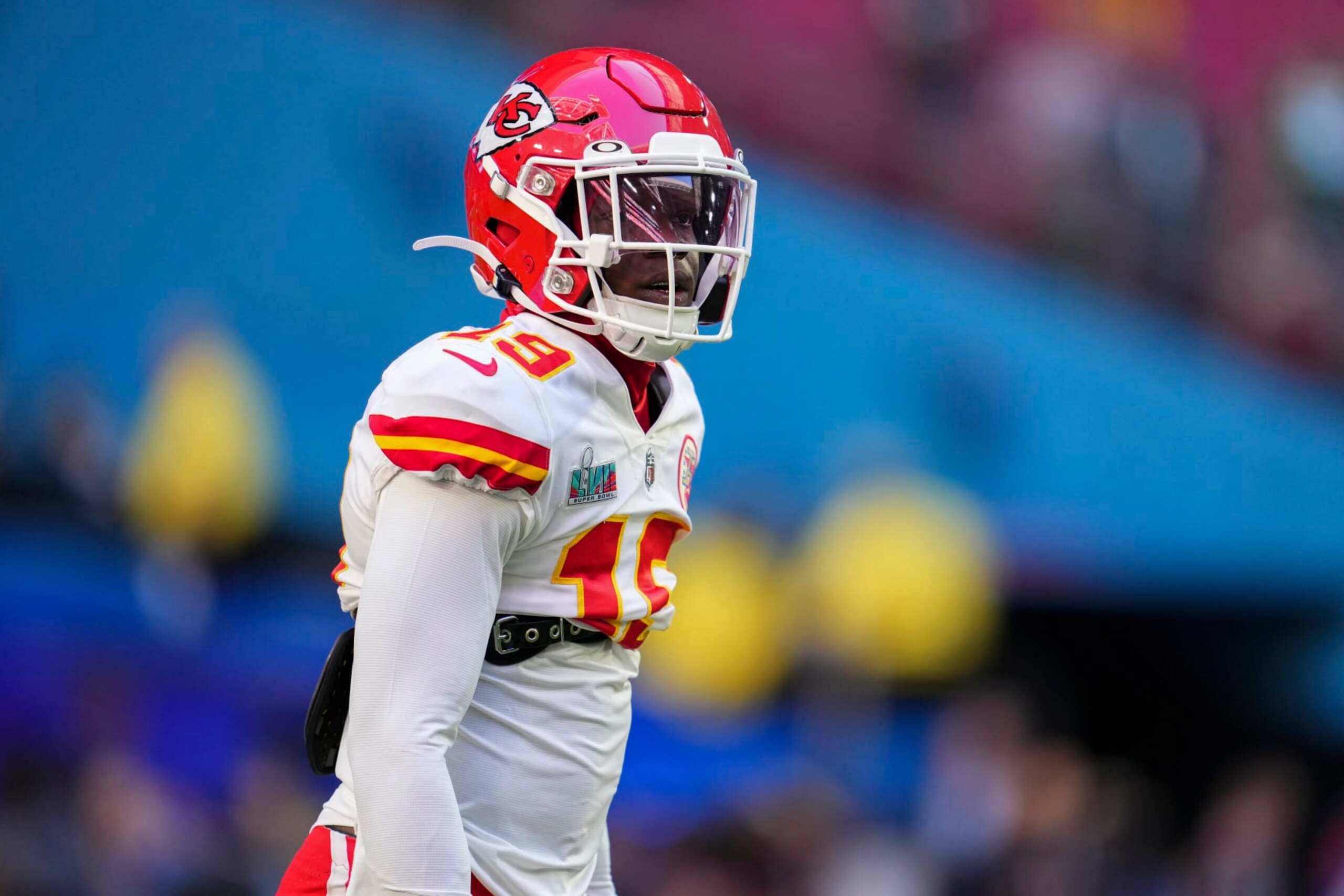 GLENDALE, AZ - FEBRUARY 12: Kadarius Toney #19 of the Kansas City Chiefs warms up against the Philadelphia Eagles after Super Bowl LVII at State Farm Stadium on February 12, 2023 in Glendale, Arizona. The Chiefs defeated the Eagles 38-35. (Photo by Cooper Neill/Getty Images)