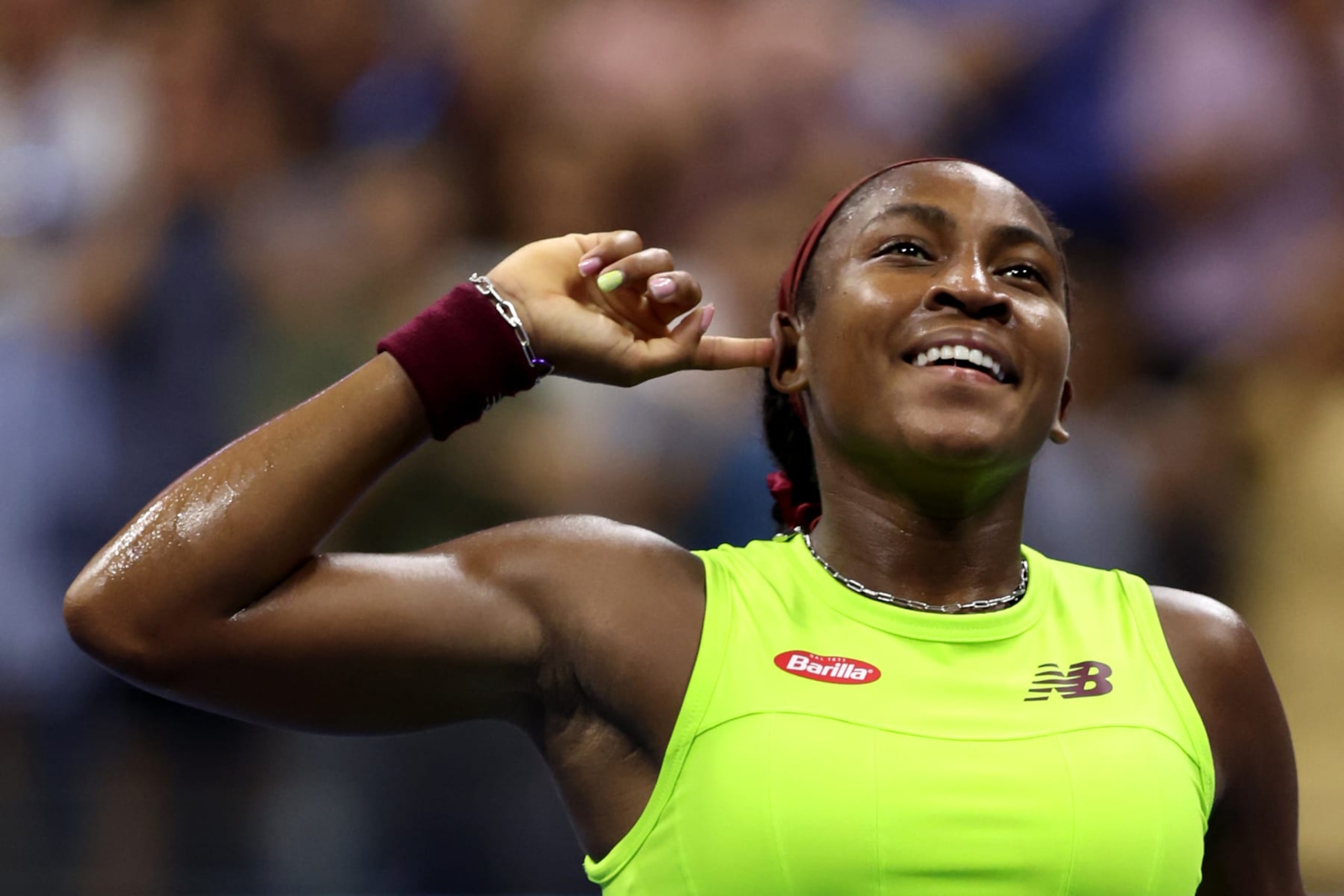 NEW YORK, NEW YORK - SEPTEMBER 07: Coco Gauff of the United States celebrates match point against Karolina Muchova of the Czech Republic during their Women's Singles Semifinal match on Day Eleven of the 2023 US Open at the USTA Billie Jean King National Tennis Center on September 07, 2023 in the Flushing neighborhood of the Queens borough of New York City. (Photo by Clive Brunskill/Getty Images) NEW YORK, NEW YORK - SEPTEMBER 07: Coco Gauff of the United States celebrates match point against Karolina Muchova of the Czech Republic during their Women's Singles Semifinal match on Day Eleven of the 2023 US Open at the USTA Billie Jean King National Tennis Center on September 07, 2023 in the Flushing neighborhood of the Queens borough of New York City. (Photo by Clive Brunskill/Getty Images)