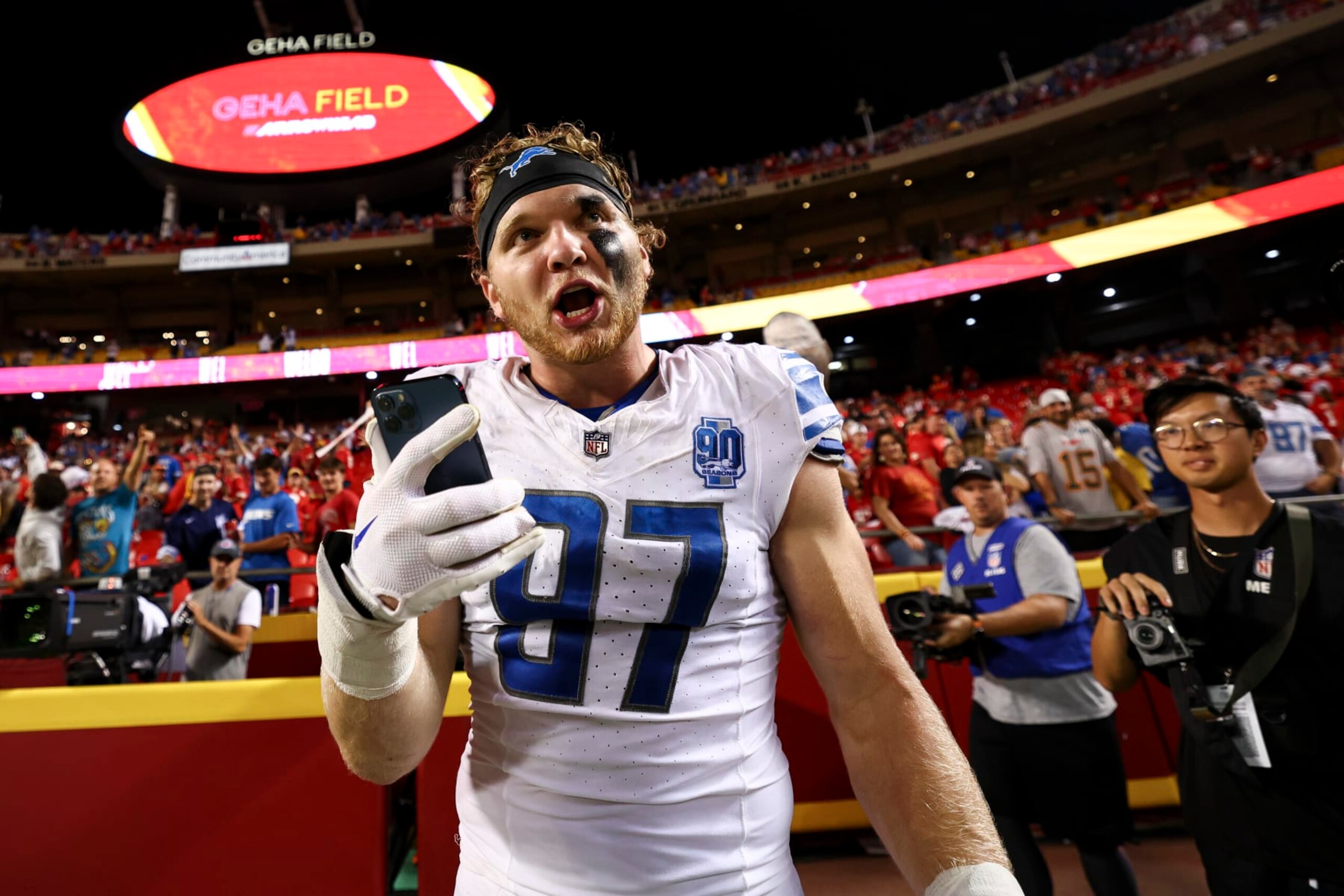 KANSAS CITY, MO - SEPTEMBER 7: Aidan Hutchinson #97 of the Detroit Lions celebrates after an NFL football game against the Kansas City Chiefs at GEHA Field at Arrowhead Stadium on September 7, 2023 in Kansas City, Missouri. (Photo by Kevin Sabitus/Getty Images)