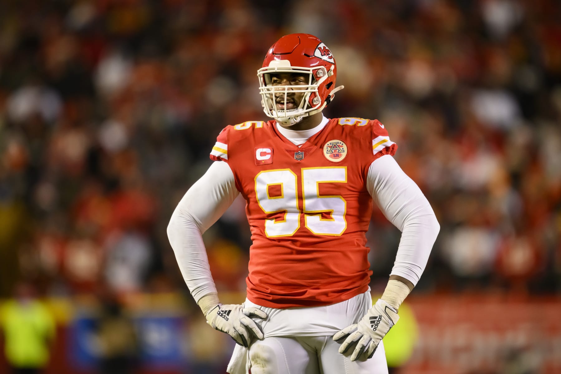 Kansas City Chiefs defensive tackle Chris Jones during the second half of the NFL AFC Championship playoff football game against the Cincinnati Bengals, Sunday, Jan. 29, 2023 in Kansas City, Mo. (AP Photo/Reed Hoffmann)