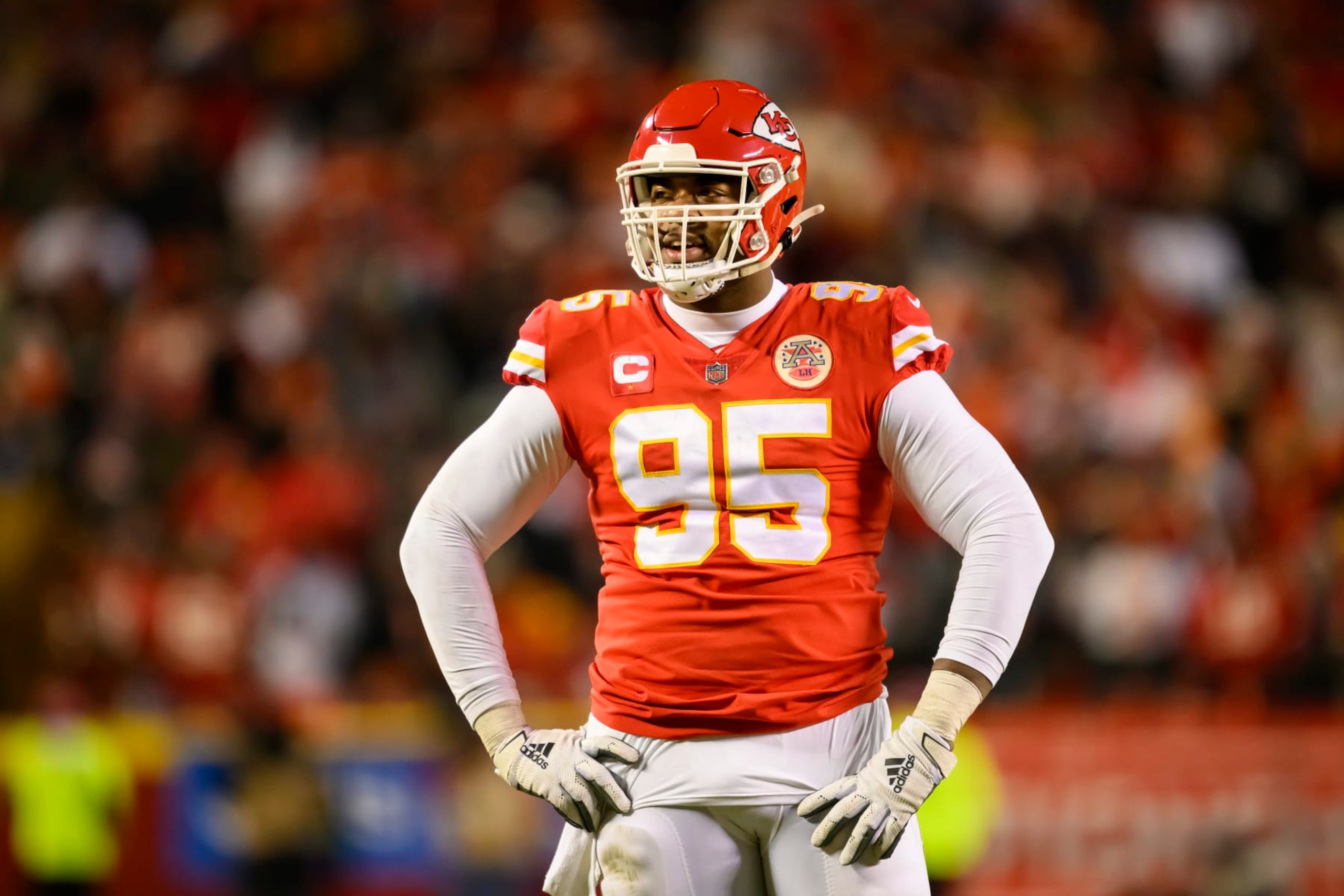 Kansas City Chiefs defensive tackle Chris Jones during the second half of the NFL AFC Championship playoff football game against the Cincinnati Bengals, Sunday, Jan. 29, 2023 in Kansas City, Mo. (AP Photo/Reed Hoffmann)