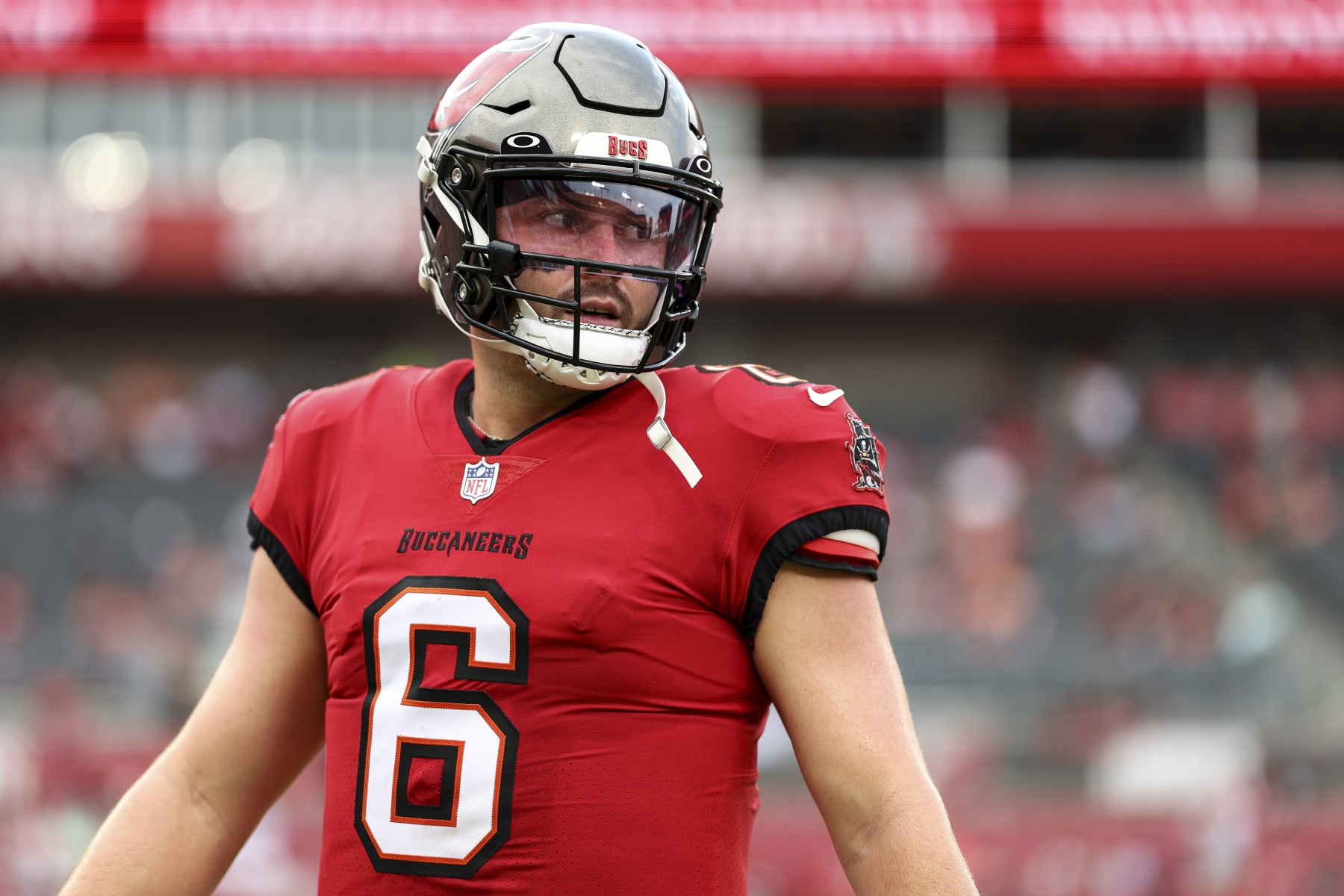 TAMPA, FL - AUGUST 26: Baker Mayfield #6 of the Tampa Bay Buccaneers warms up prior to an NFL preseason football game against the Baltimore Ravens at Raymond James Stadium on August 26, 2023 in Tampa, Florida. (Photo by Kevin Sabitus/Getty Images)