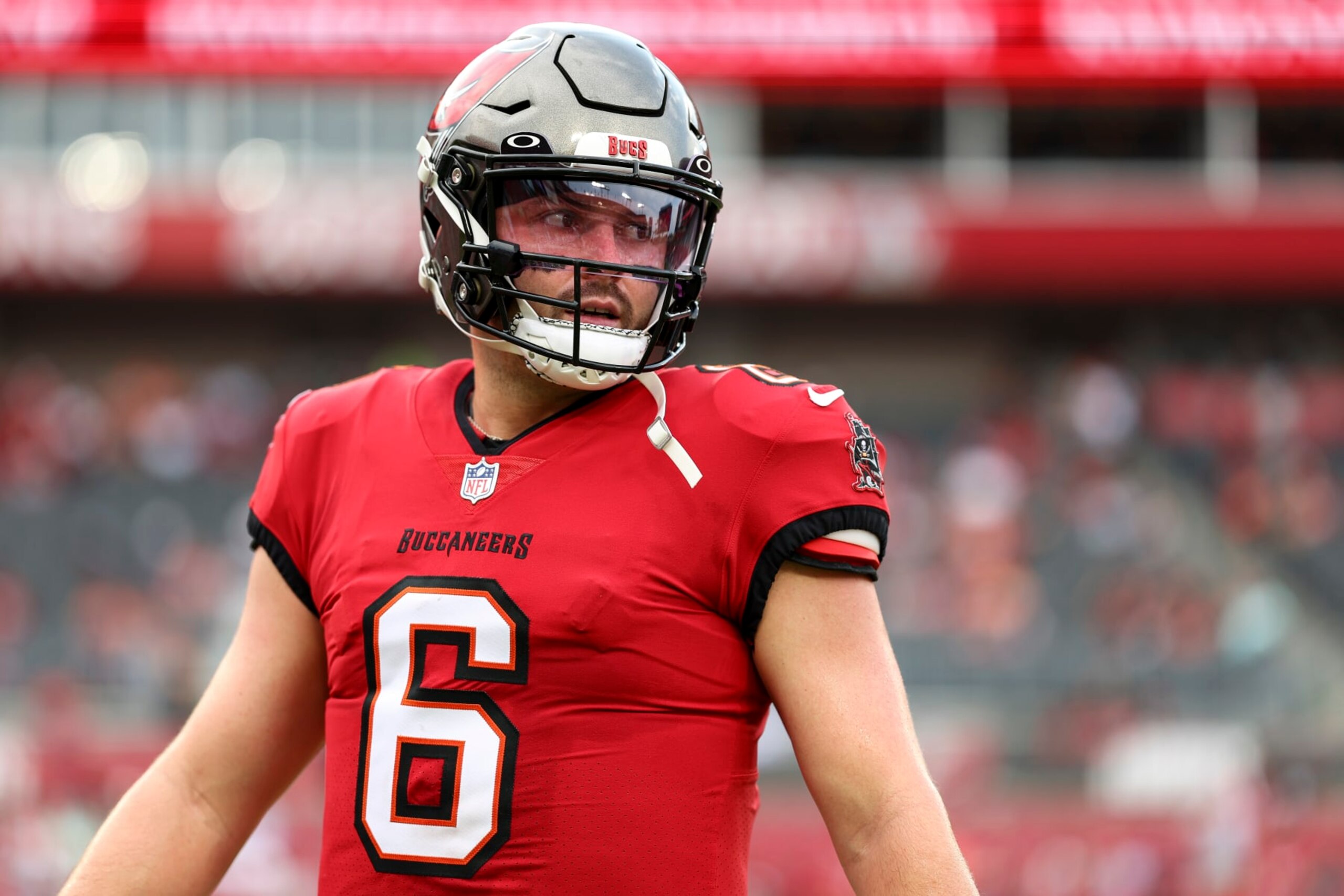 TAMPA, FL - AUGUST 26: Baker Mayfield #6 of the Tampa Bay Buccaneers warms up prior to an NFL preseason football game against the Baltimore Ravens at Raymond James Stadium on August 26, 2023 in Tampa, Florida. (Photo by Kevin Sabitus/Getty Images)