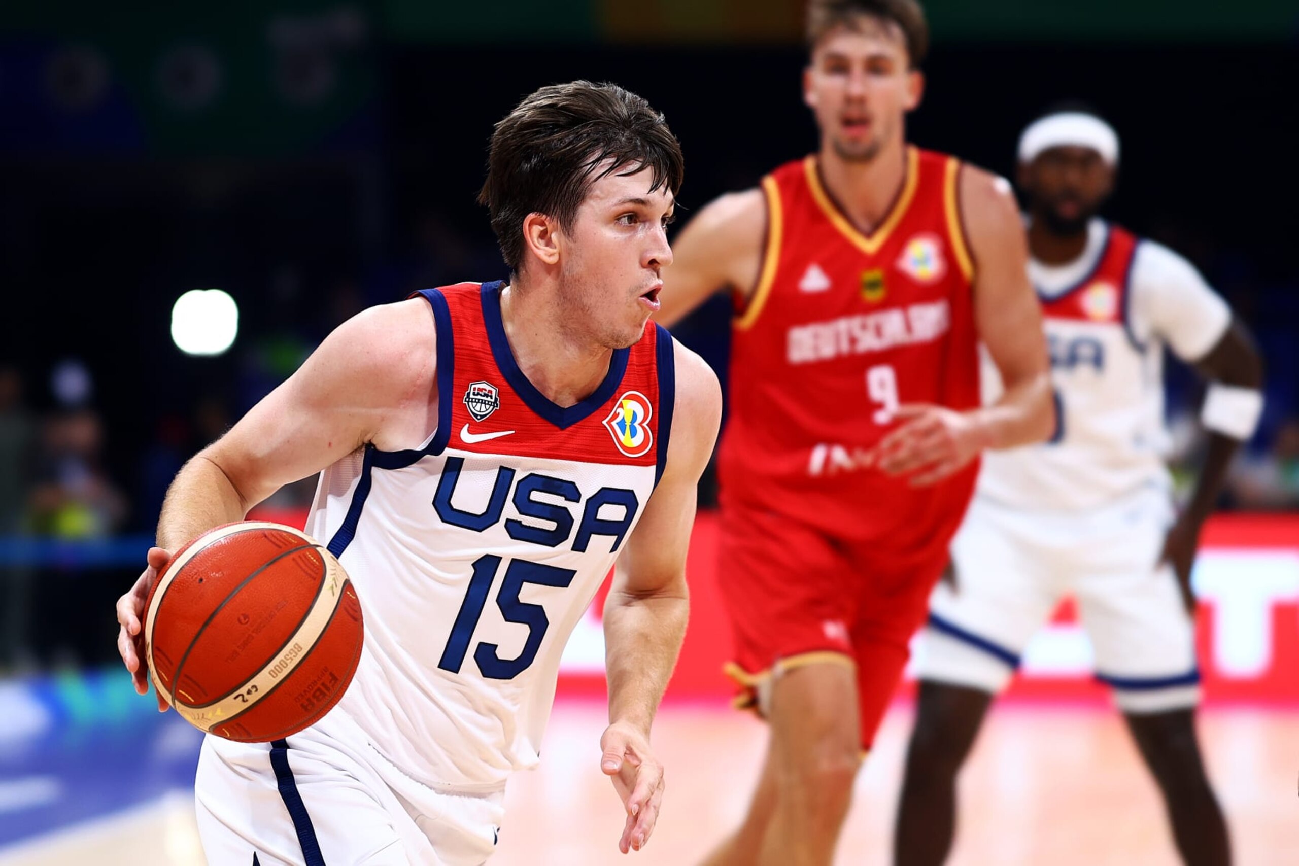 MANILA, PHILIPPINES - SEPTEMBER 08: Austin Reaves #15 of the United States controls the ball in the second quarter during the FIBA Basketball World Cup semifinal game against Germany at Mall of Asia Arena on September 08, 2023 in Manila, Philippines. (Photo by Yong Teck Lim/Getty Images)