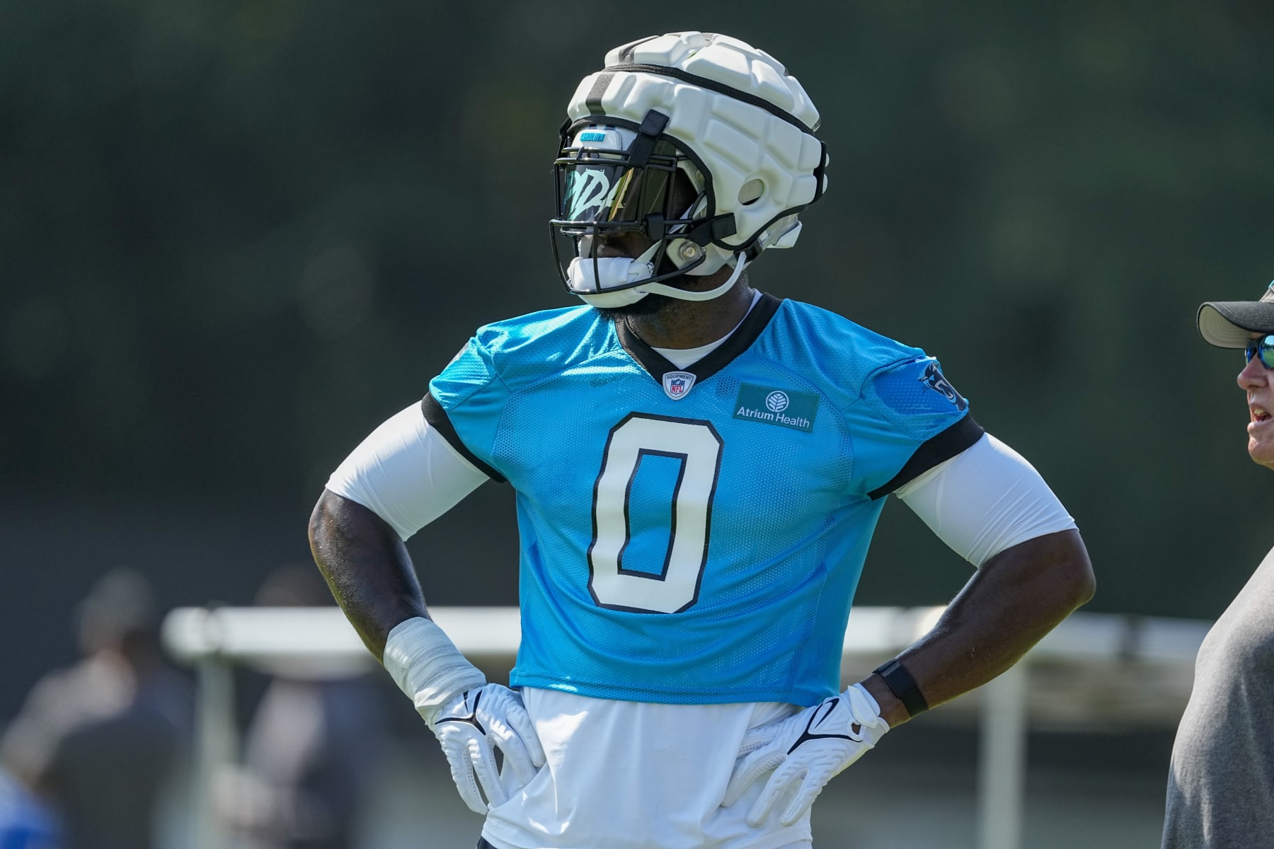 Carolina Panthers' Brian Burns watches drills at the NFL football team's training camp on Wednesday, July 26, 2023, in Spartanburg, S.C. (AP Photo/Chris Carlson)