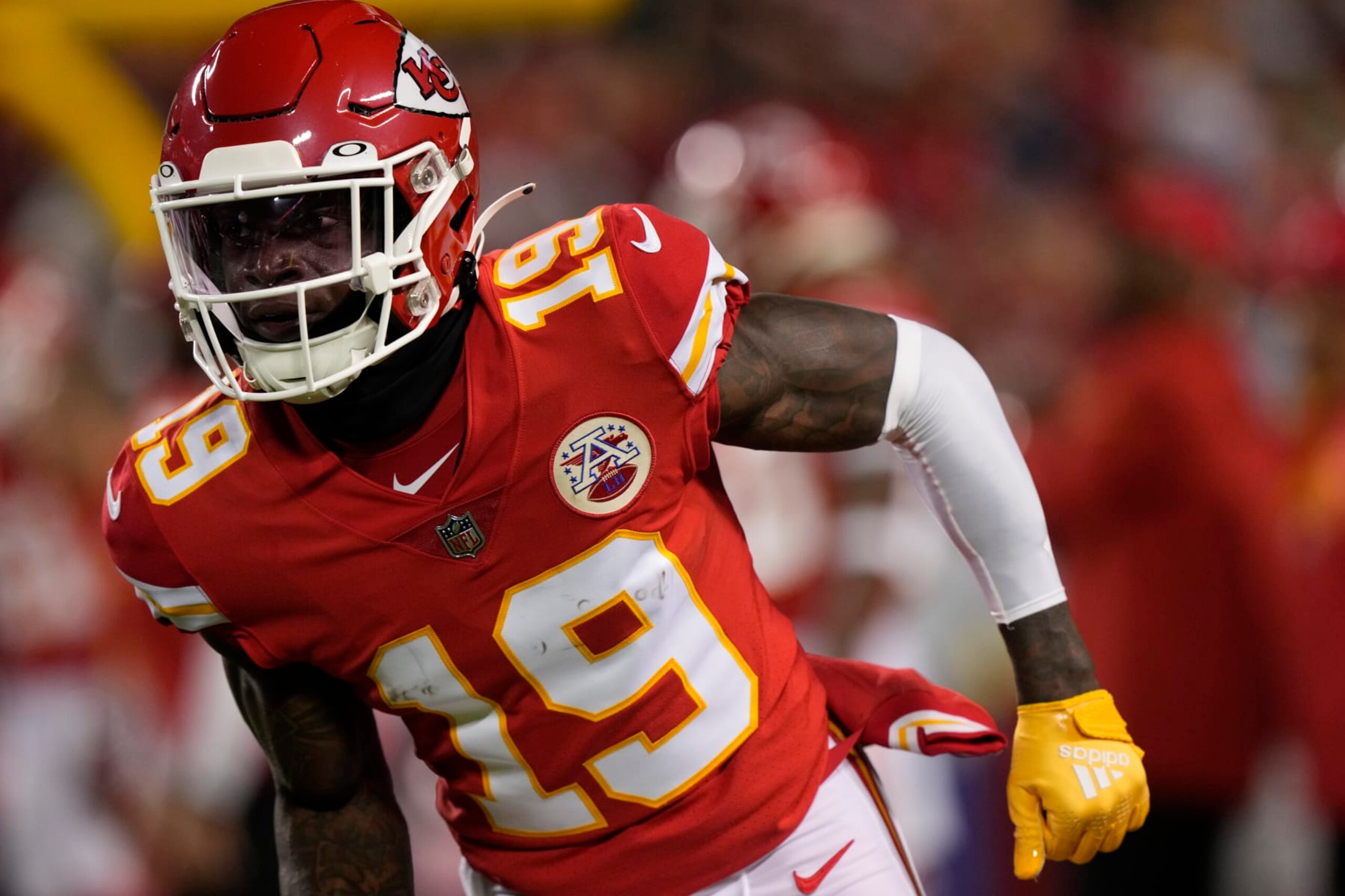 Kansas City Chiefs wide receiver Kadarius Toney warms up before the start of an NFL football game between the Tennessee Titans and Kansas City Chiefs Sunday, Nov. 6, 2022, in Kansas City, Mo. (AP Photo/Charlie Riedel)