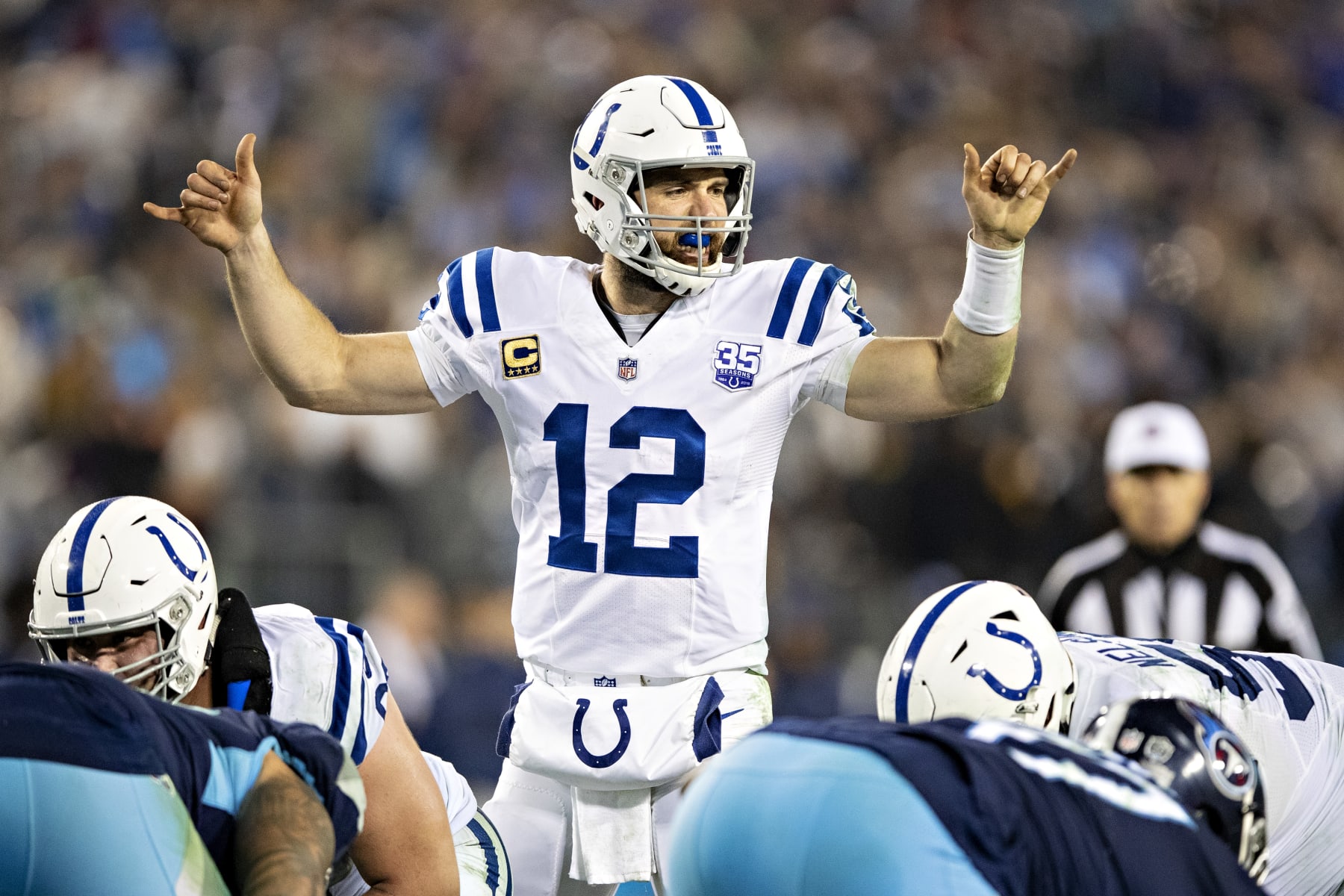 NASHVILLE, TN - DECEMBER 30:  Andrew Luck #12 of the Indianapolis Colts signals at the line of scrimmage during a game against the Tennessee Titans at Nissan Stadium on December 30, 2018 in Nashville, Tennessee.  The Colts defeated the Titans 33-17.   (Photo by Wesley Hitt/Getty Images)