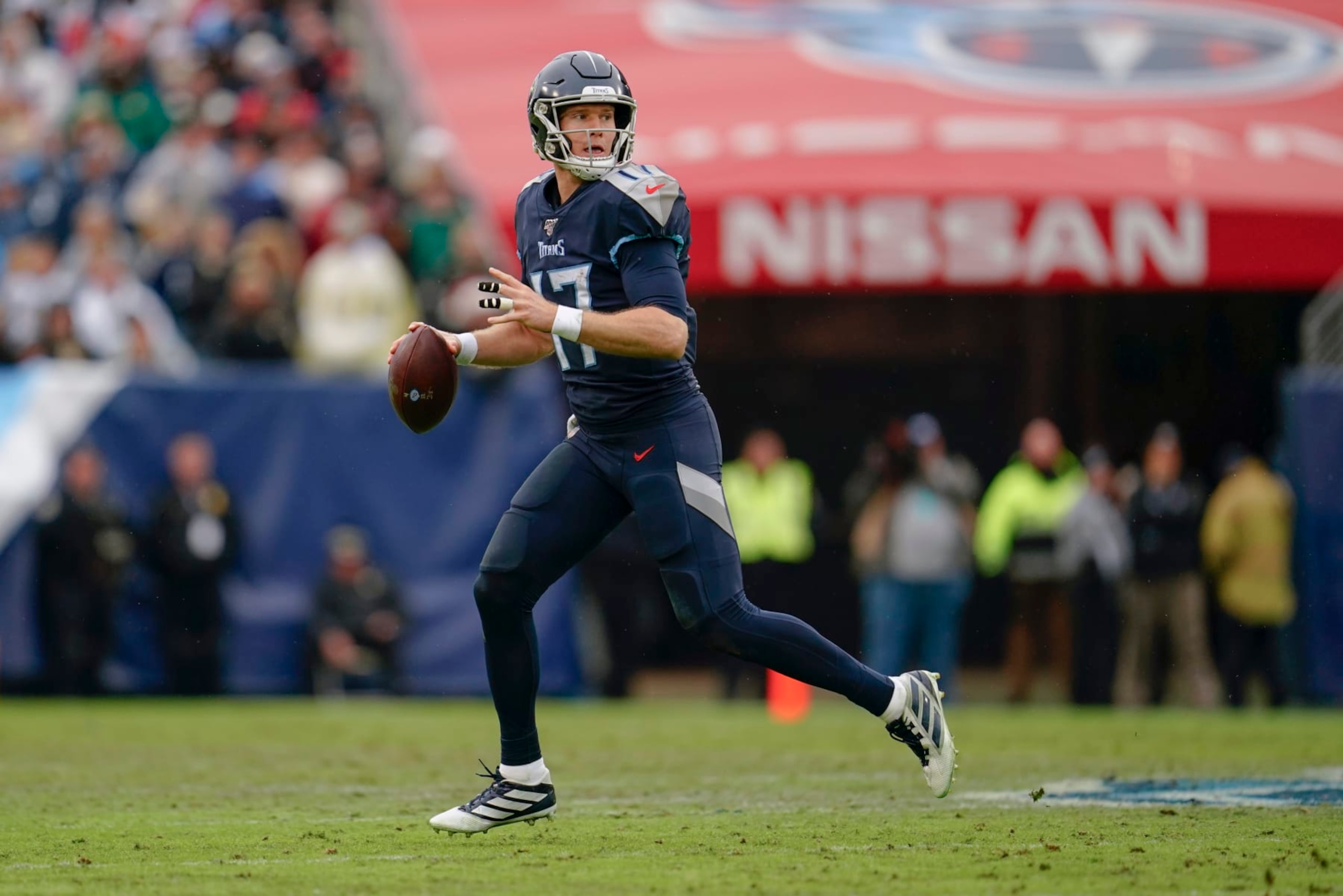 NASHVILLE, TN - DECEMBER 22: Ryan Tannehill #17 of the Tennessee Titans looks to throw during an NFL football game against the New Orleans Saints, Sunday, Dec. 22, 2019, in Nashville, Tenn.  (Photo by Cooper Neill/Getty Images)