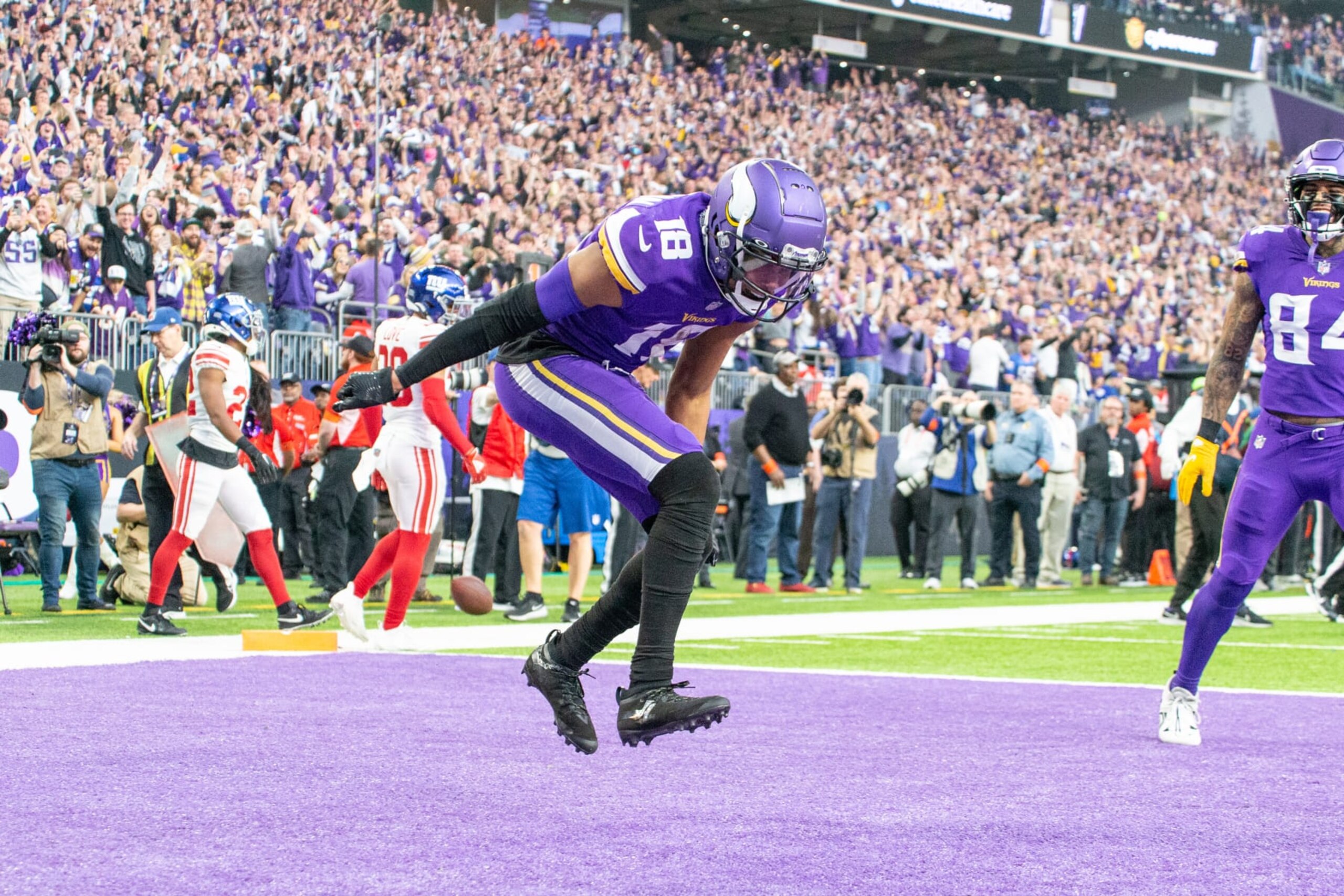 MINNEAPOLIS, MN - JANUARY 15: Minnesota Vikings wide receiver Justin Jefferson (18) celebrates a touchdown that was later called back during the NFL game between the New York Giants and Minnesota Vikings on January 15th, 2023, at U.S. Bank Stadium in Minneapolis, MN. (Photo by Bailey Hillesheim/Icon Sportswire via Getty Images)