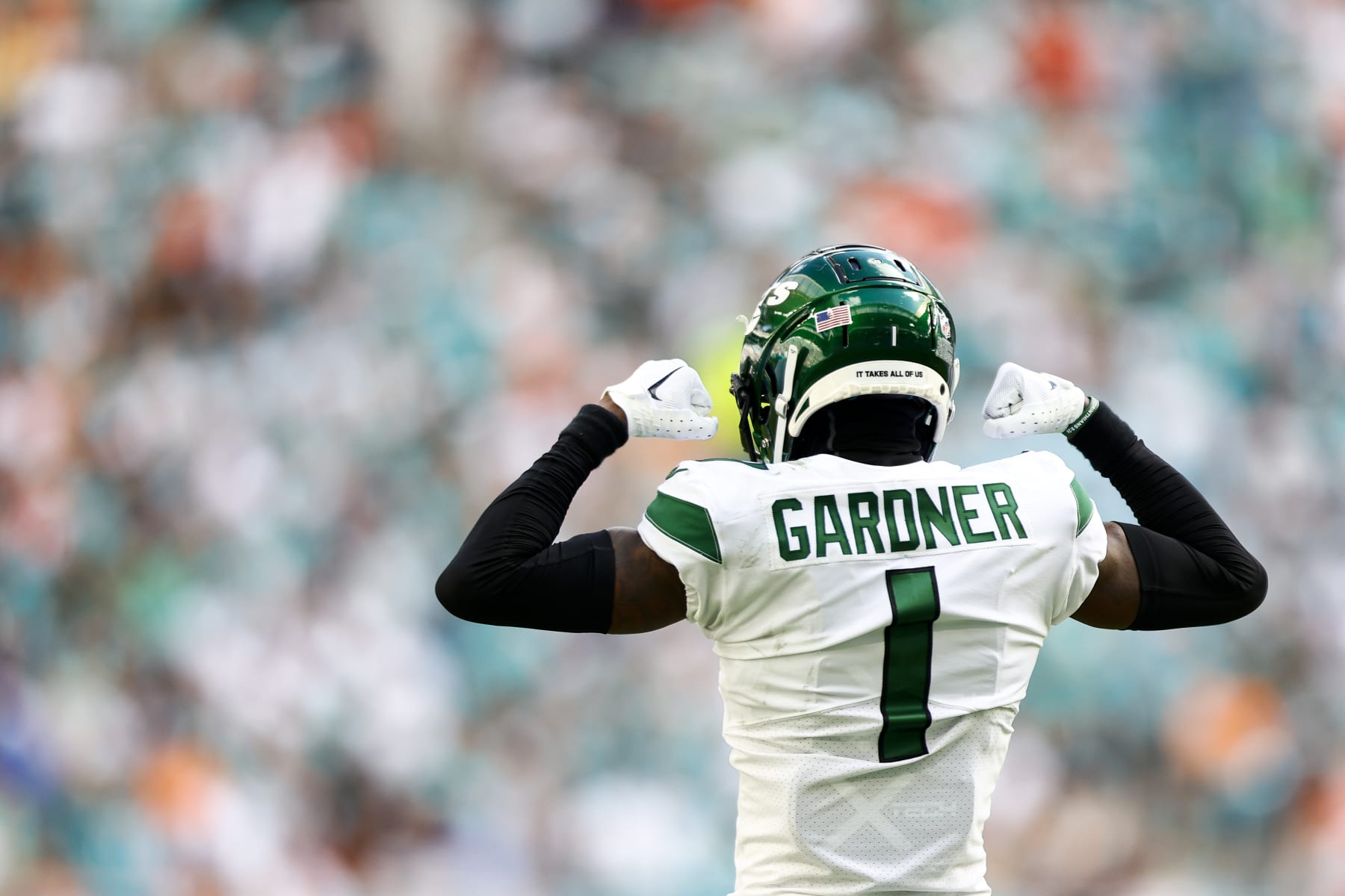 MIAMI GARDENS, FL - JANUARY 8: Sauce Gardner #1 of the New York Jets celebrates after a play during the third quarter of an NFL football game against the Miami Dolphins at Hard Rock Stadium on January 8, 2023 in Miami Gardens, Florida. (Photo by Kevin Sabitus/Getty Images)
