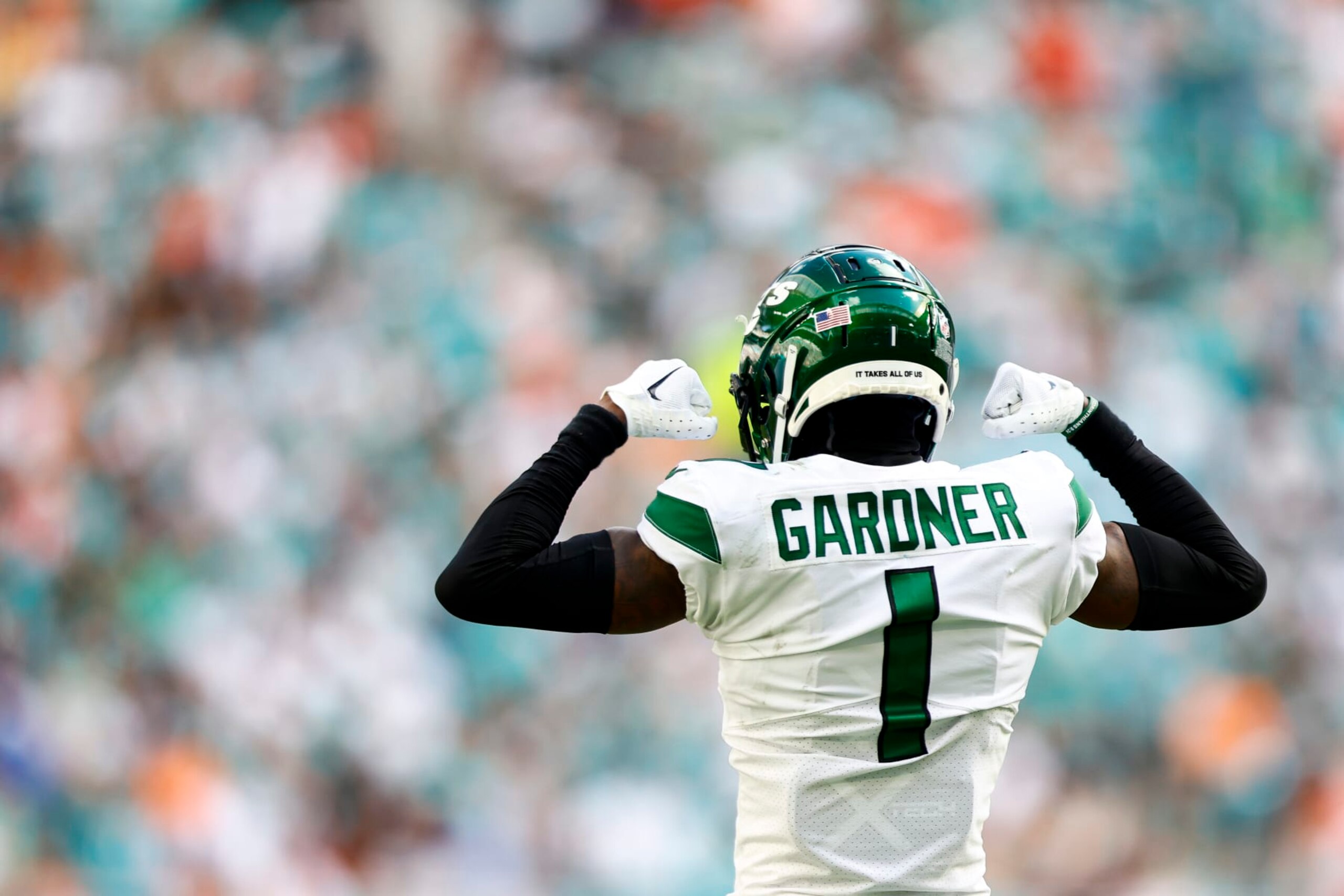 MIAMI GARDENS, FL - JANUARY 8: Sauce Gardner #1 of the New York Jets celebrates after a play during the third quarter of an NFL football game against the Miami Dolphins at Hard Rock Stadium on January 8, 2023 in Miami Gardens, Florida. (Photo by Kevin Sabitus/Getty Images)