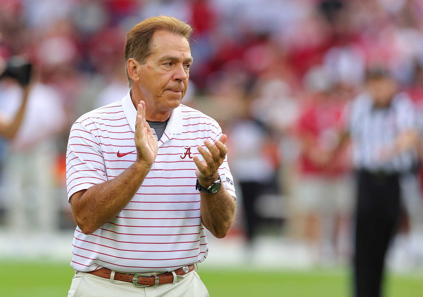 TUSCALOOSA, ALABAMA - SEPTEMBER 02:  Head coach Nick Saban of the Alabama Crimson Tide during warms up prior to facing the Middle Tennessee Blue Raiders at Bryant-Denny Stadium on September 02, 2023 in Tuscaloosa, Alabama. (Photo by Kevin C. Cox/Getty Images)