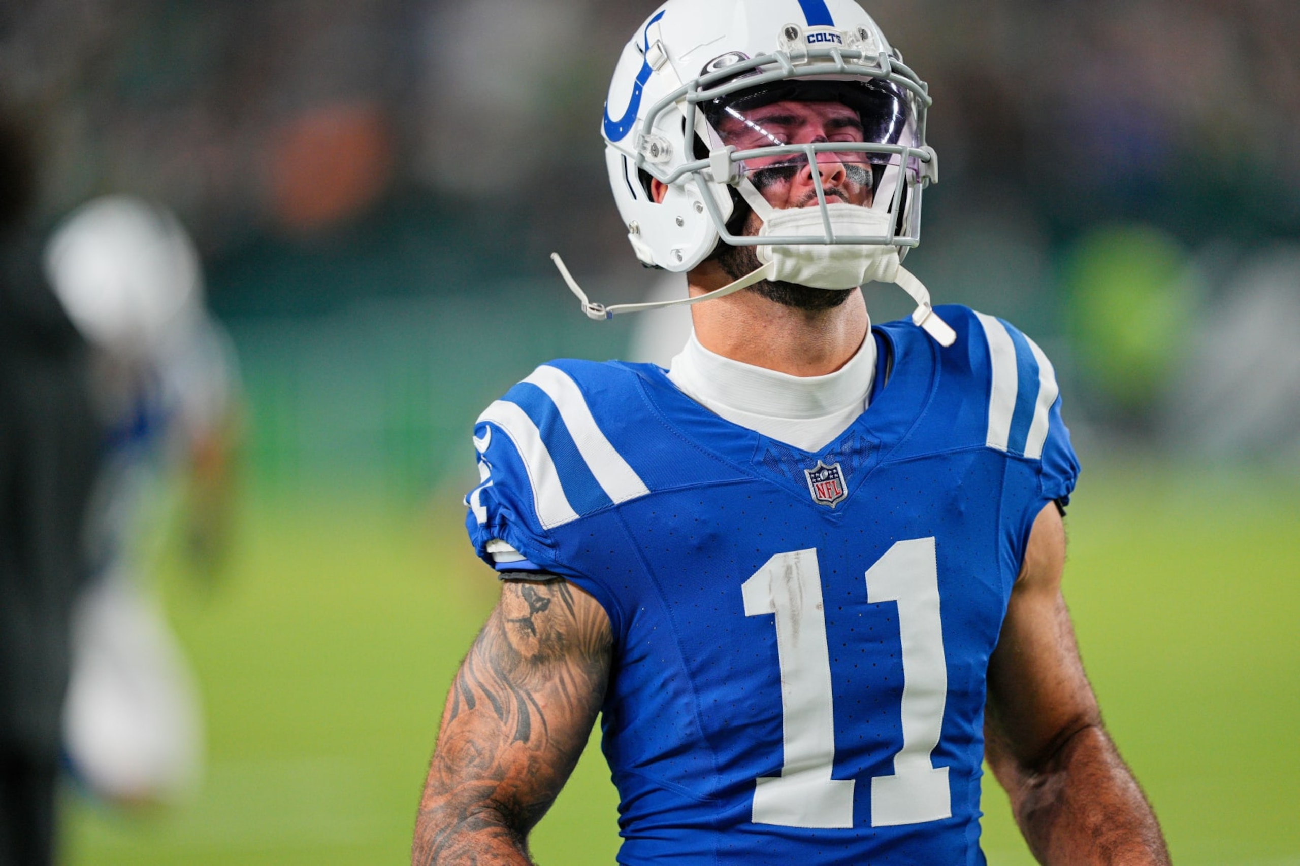 PHILADELPHIA, PA - AUGUST 24: Indianapolis Colts wide receiver Michael Pittman Jr. (11) looks on during the Preseason game between the Indianapolis Colts and the Philadelphia Eagles on August 24, 2023, at Lincoln Financial Field, in Philadelphia, PA. (Photo by Andy Lewis/Icon Sportswire via Getty Images)