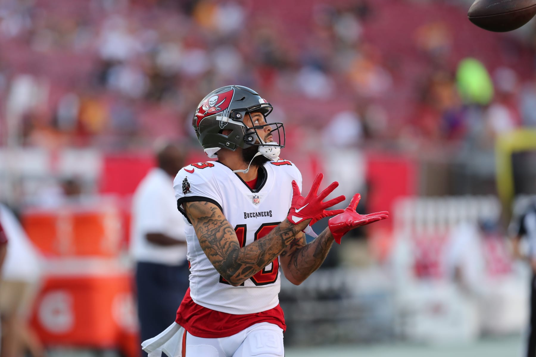 TAMPA, FL - AUGUST 11: Tampa Bay Buccaneers Wide Receiver Mike Evans (13) warms up before the preseason game between the Pittsburgh Steelers and the Tampa Bay Buccaneers on August 11, 2023 at Raymond James Stadium in Tampa, Florida. (Photo by Cliff Welch/Icon Sportswire via Getty Images)
