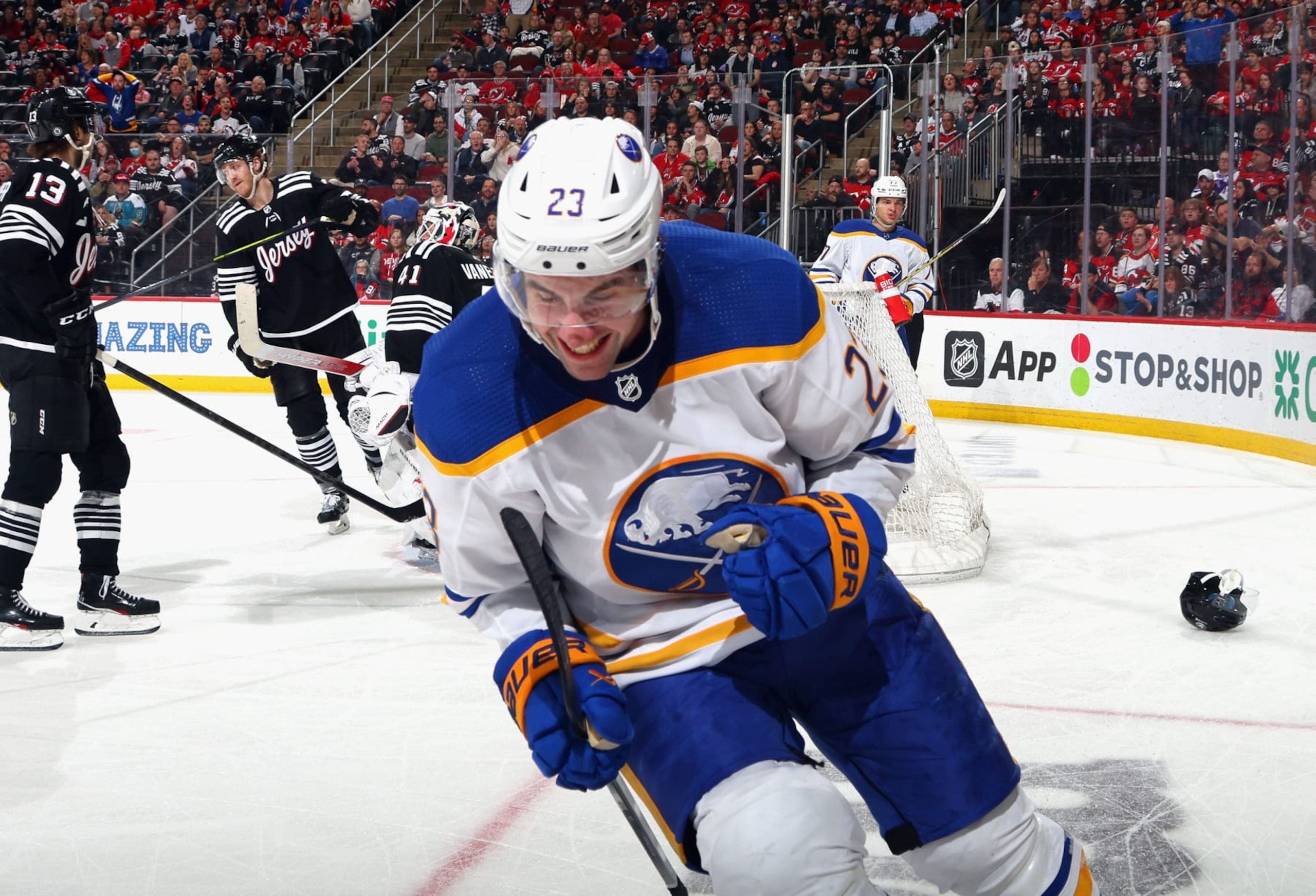 NEWARK, NEW JERSEY - APRIL 11: Mattias Samuelsson #23 of the Buffalo Sabres celebrates his third period goal against the New Jersey Devils  at the Prudential Center on April 11, 2023 in Newark, New Jersey. (Photo by Bruce Bennett/Getty Images)