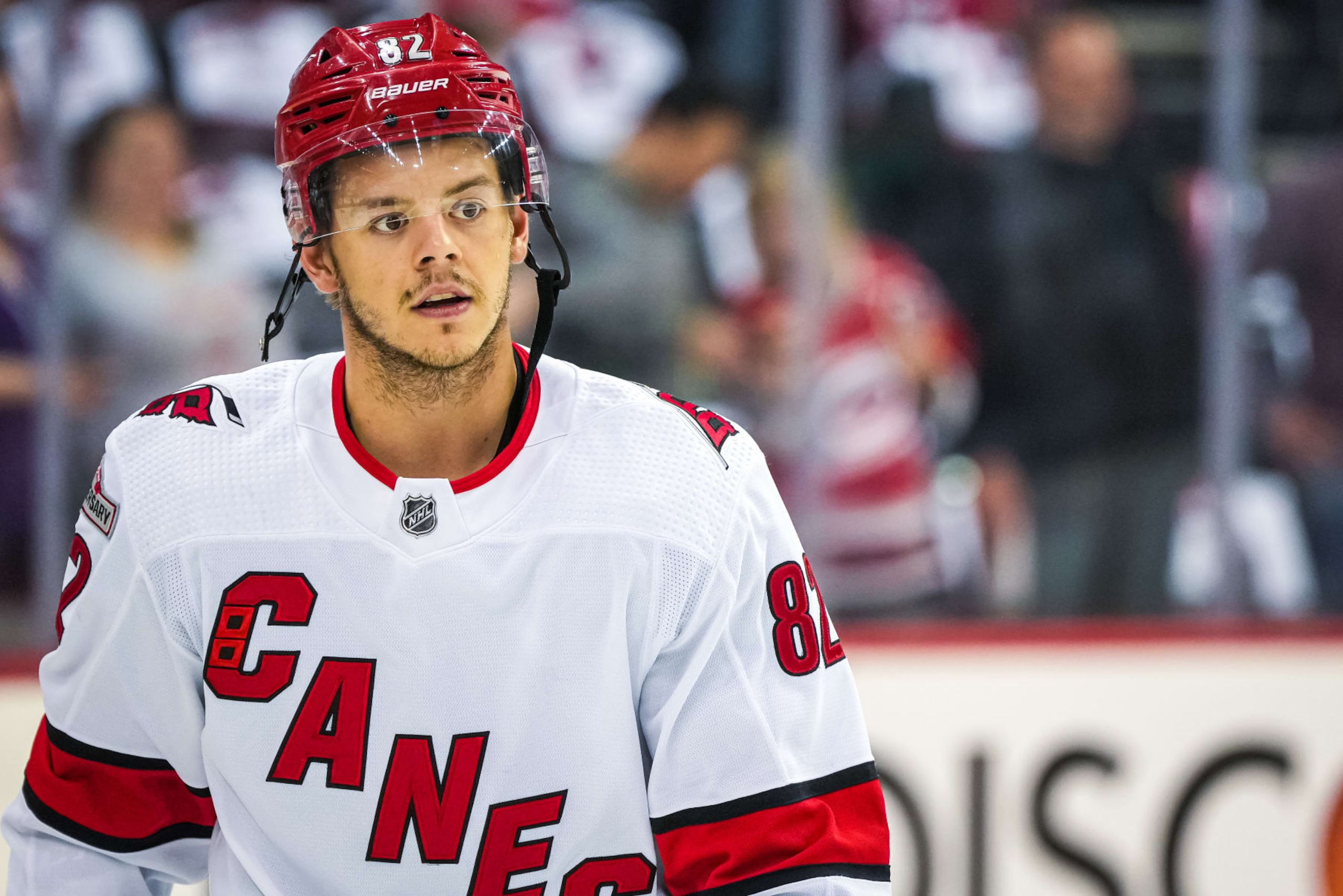 NEWARK, NEW JERSEY - MAY 07: Jesperi Kotkaniemi #82 of the Carolina Hurricanes warms up prior to Game Three of the Second Round of the 2023 Stanley Cup Playoffs against the New Jersey Devils at Prudential Center on May 07, 2023 in Newark, New Jersey. (Photo by Josh Lavallee/NHLI via Getty Images)