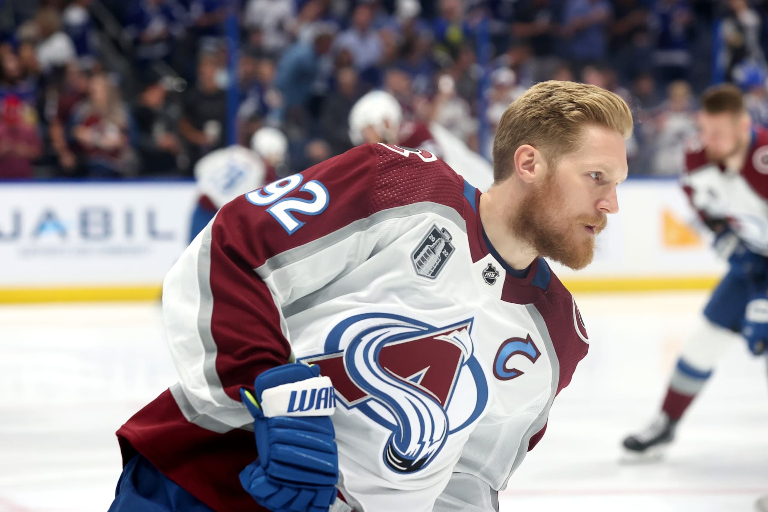TAMPA, FLORIDA - JUNE 20: Gabriel Landeskog #92 of the Colorado Avalanche warms up prior to Game Three against the Tampa Bay Lightning in the 2022 NHL Stanley Cup Final at Amalie Arena on June 20, 2022 in Tampa, Florida. (Photo by Mike Carlson/Getty Images)