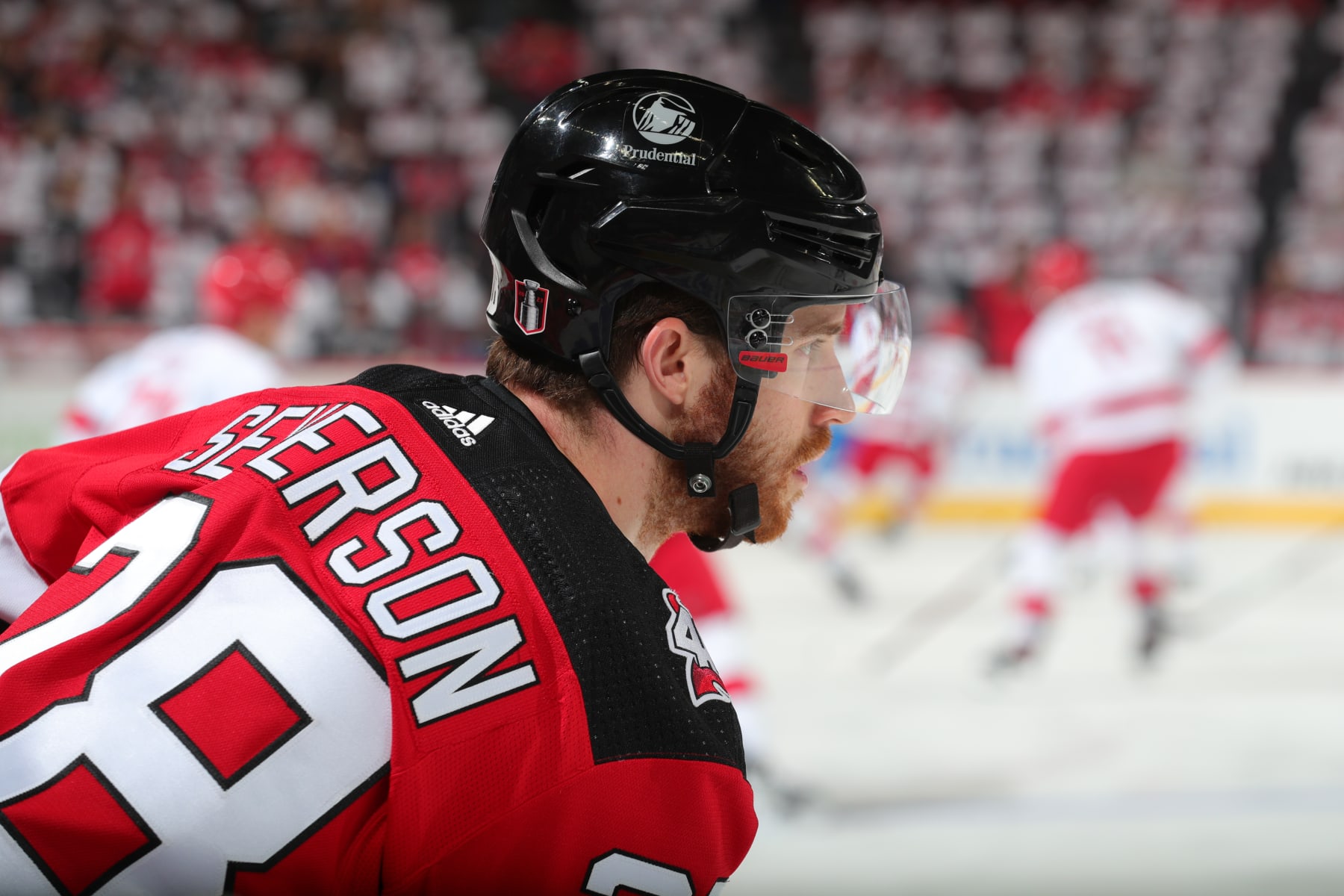 NEWARK, NJ - MAY 01: Damon Severson #28 of the New Jersey Devils warms up prior to Game Three of the Second Round of the 2023 Stanley Cup Playoffs against the Carolina Hurricanes at the Prudential Center on May 7, 2023 in Newark, New Jersey.  (Photo by Rich Graessle/NHLI via Getty Images)