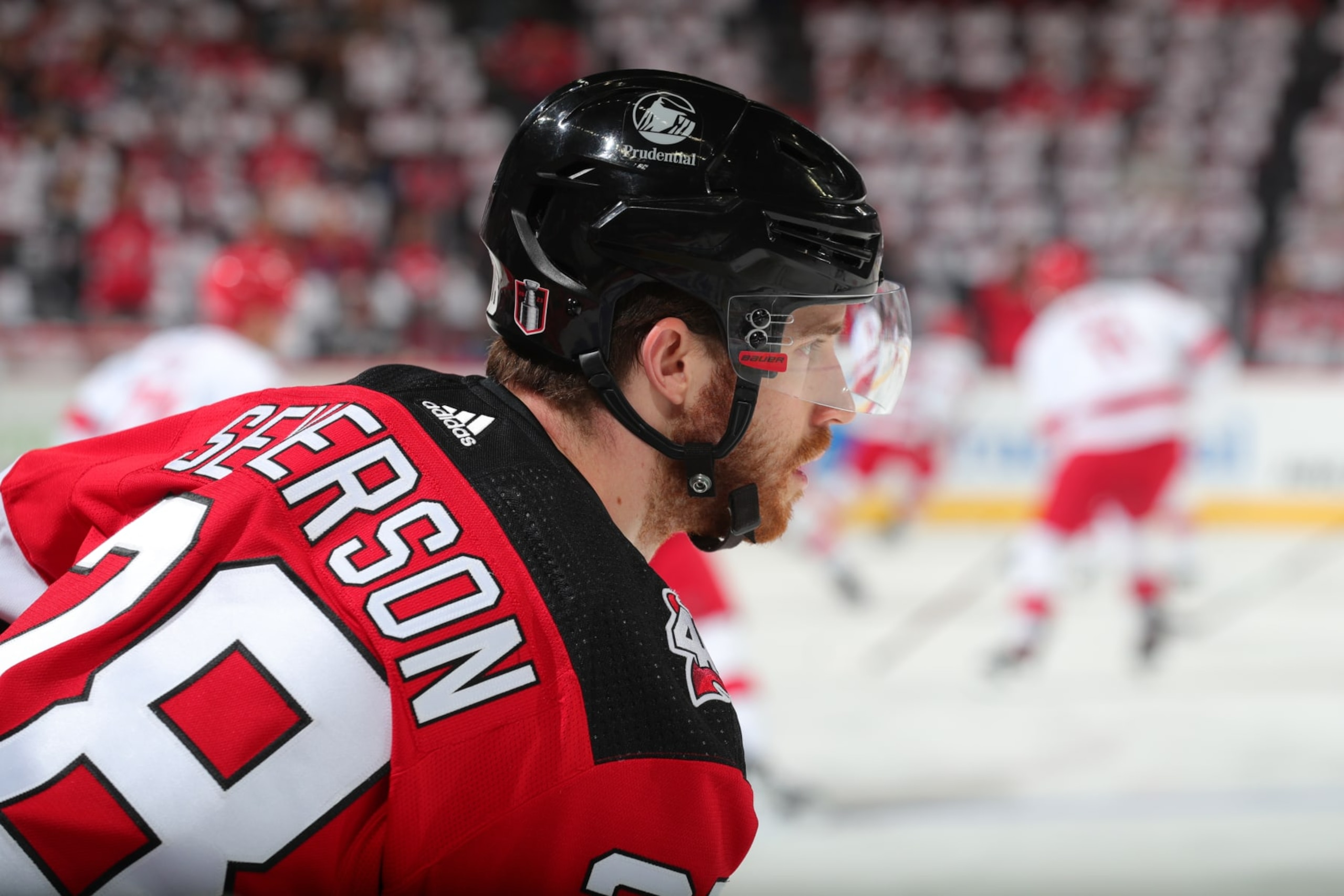 NEWARK, NJ - MAY 01: Damon Severson #28 of the New Jersey Devils warms up prior to Game Three of the Second Round of the 2023 Stanley Cup Playoffs against the Carolina Hurricanes at the Prudential Center on May 7, 2023 in Newark, New Jersey.  (Photo by Rich Graessle/NHLI via Getty Images)