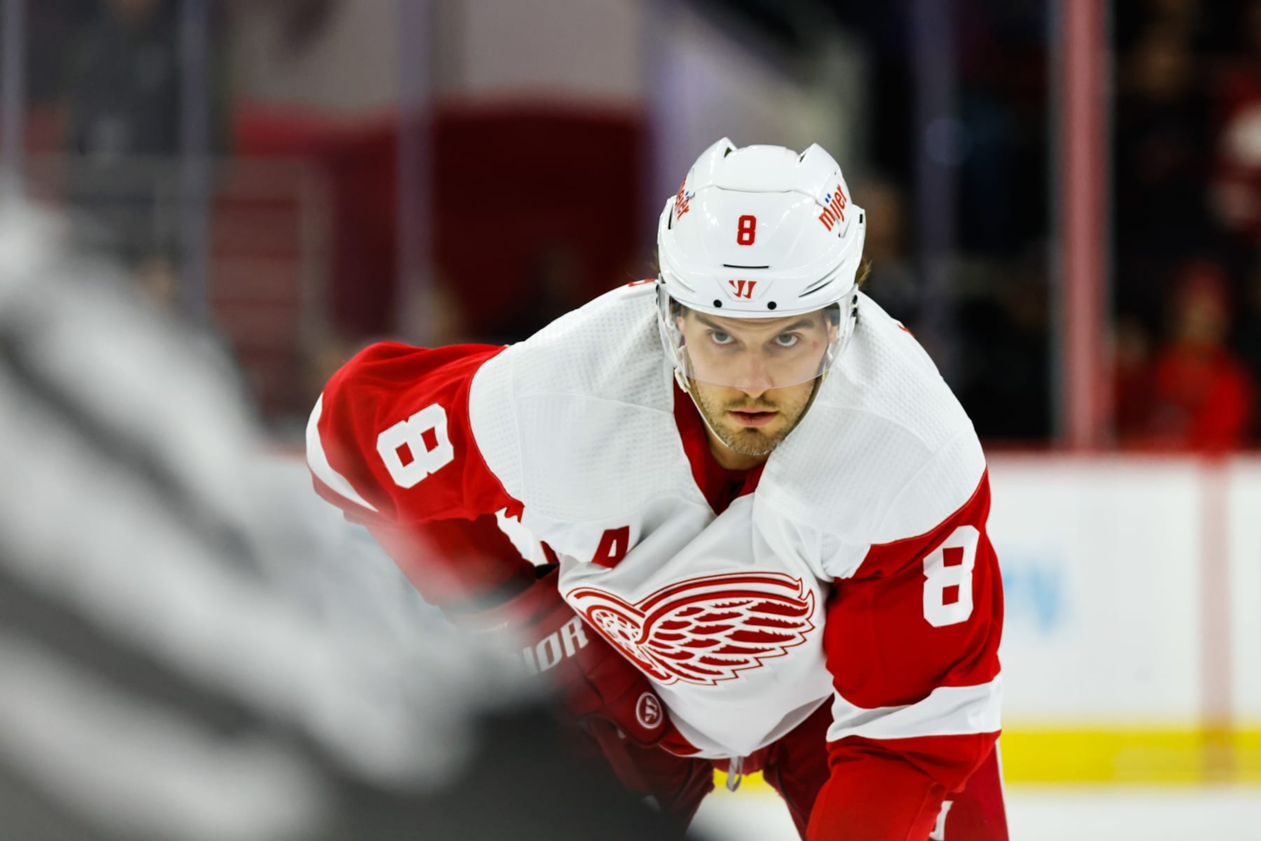 RALEIGH, NC - APRIL 11: Ben Chiarot #8 of the Detroit Red Wings looks on during the third period of the game against the Carolina Hurricanes at PNC Arena on April 11, 2023 in Raleigh, North Carolina. (Photo by Jaylynn Nash/Getty Images)