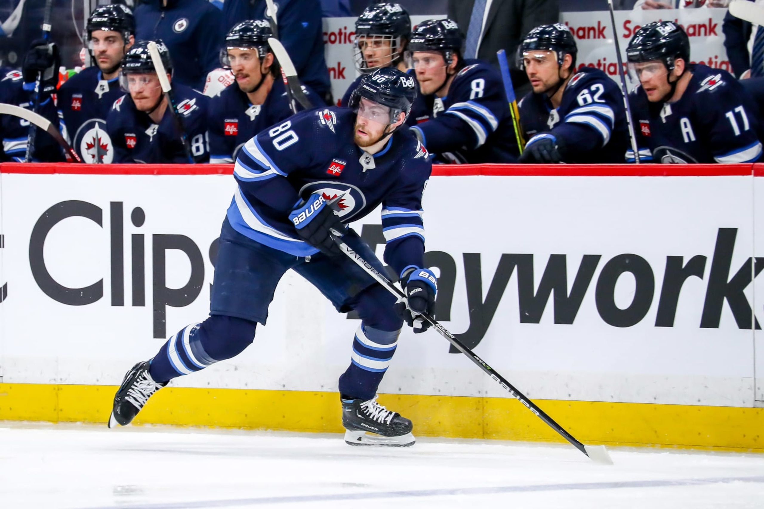 WINNIPEG, CANADA - APRIL 22: Pierre-Luc Dubois #80 of the Winnipeg Jets follows the play down the ice during second period action against the Vegas Golden Knights in Game Three of the First Round of the 2023 Stanley Cup Playoffs at the Canada Life Centre on April 22, 2023 in Winnipeg, Manitoba, Canada. The Knights defeated the Jets 5-4 in double overtime to take a 2-1 series lead. (Photo by Darcy Finley/NHLI via Getty Images)
