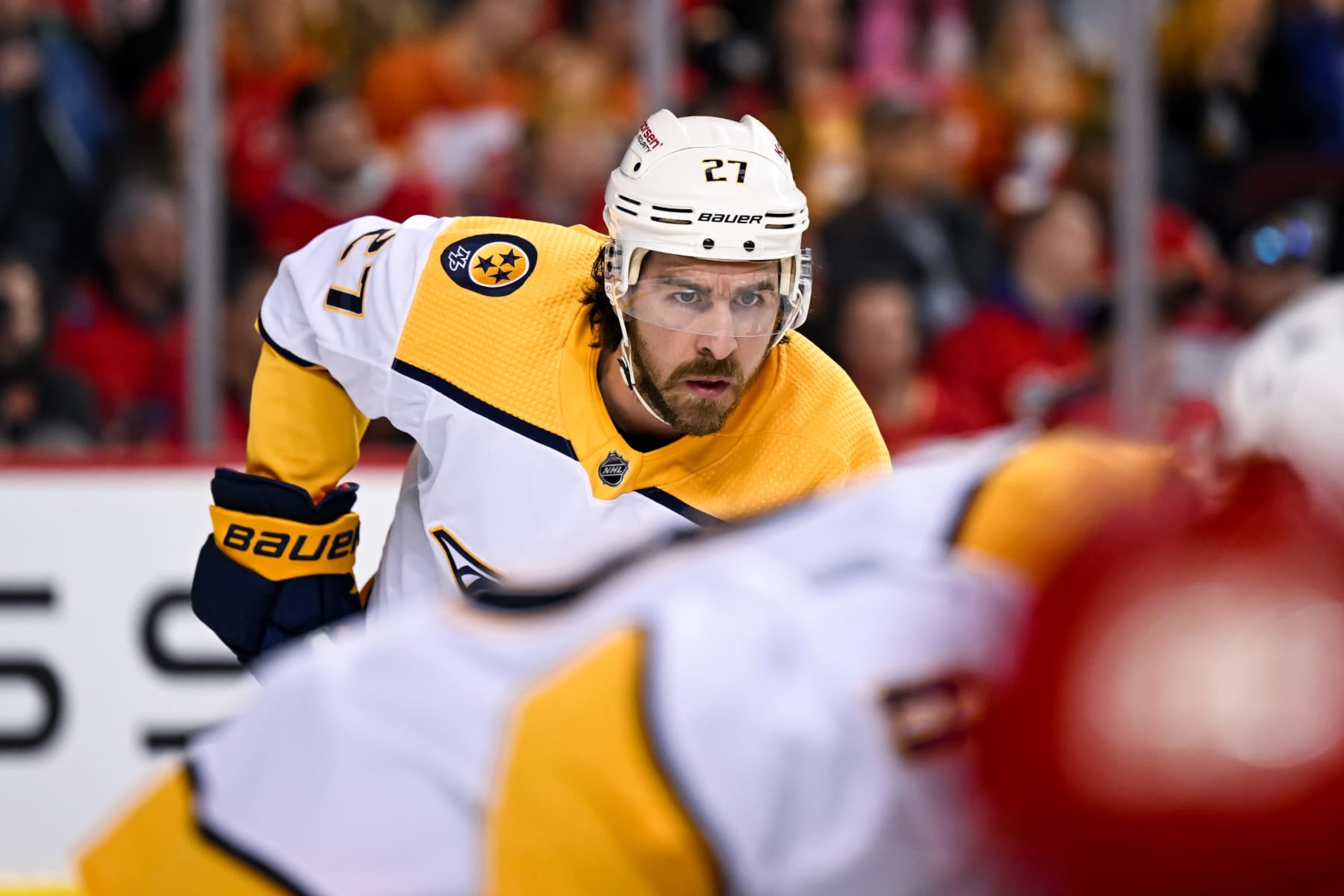 CALGARY, AB - APRIL 10: Nashville Predators Defenceman Ryan McDonagh (27) gets ready for a faceoff during the second period of an NHL game between the Calgary Flames and the Nashville Predators on April 10, 2023, at the Scotiabank Saddledome in Calgary, AB. (Photo by Brett Holmes/Icon Sportswire via Getty Images)