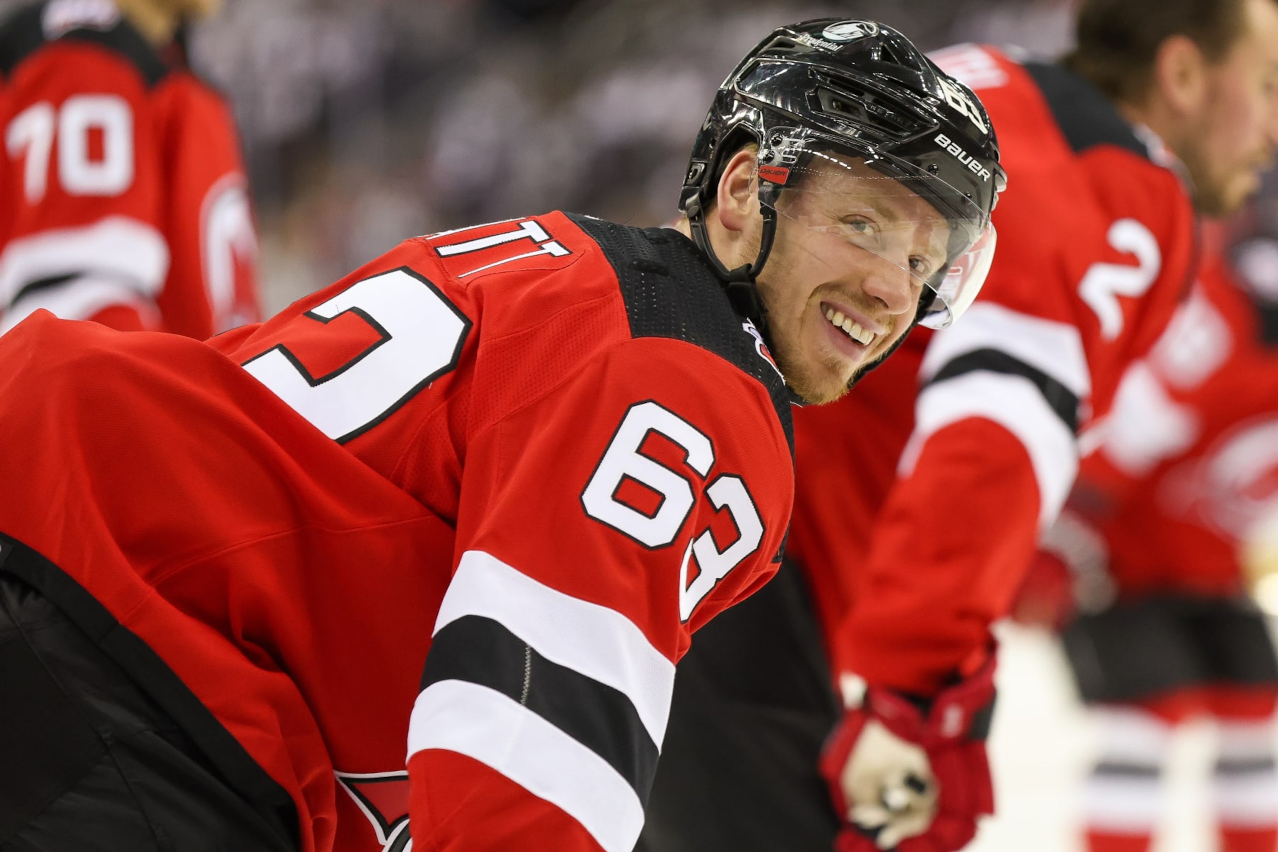 NEWARK, NJ - MAY 07: New Jersey Devils left wing Jesper Bratt (63) warms up before Game 3 of an Eastern Conference Second Round playoff game between the Carolina Hurricanes and the New Jersey Devils on May 7, 2023, at Prudential Center in Newark, New Jersey. (Photo by Andrew Mordzynski/Icon Sportswire via Getty Images)