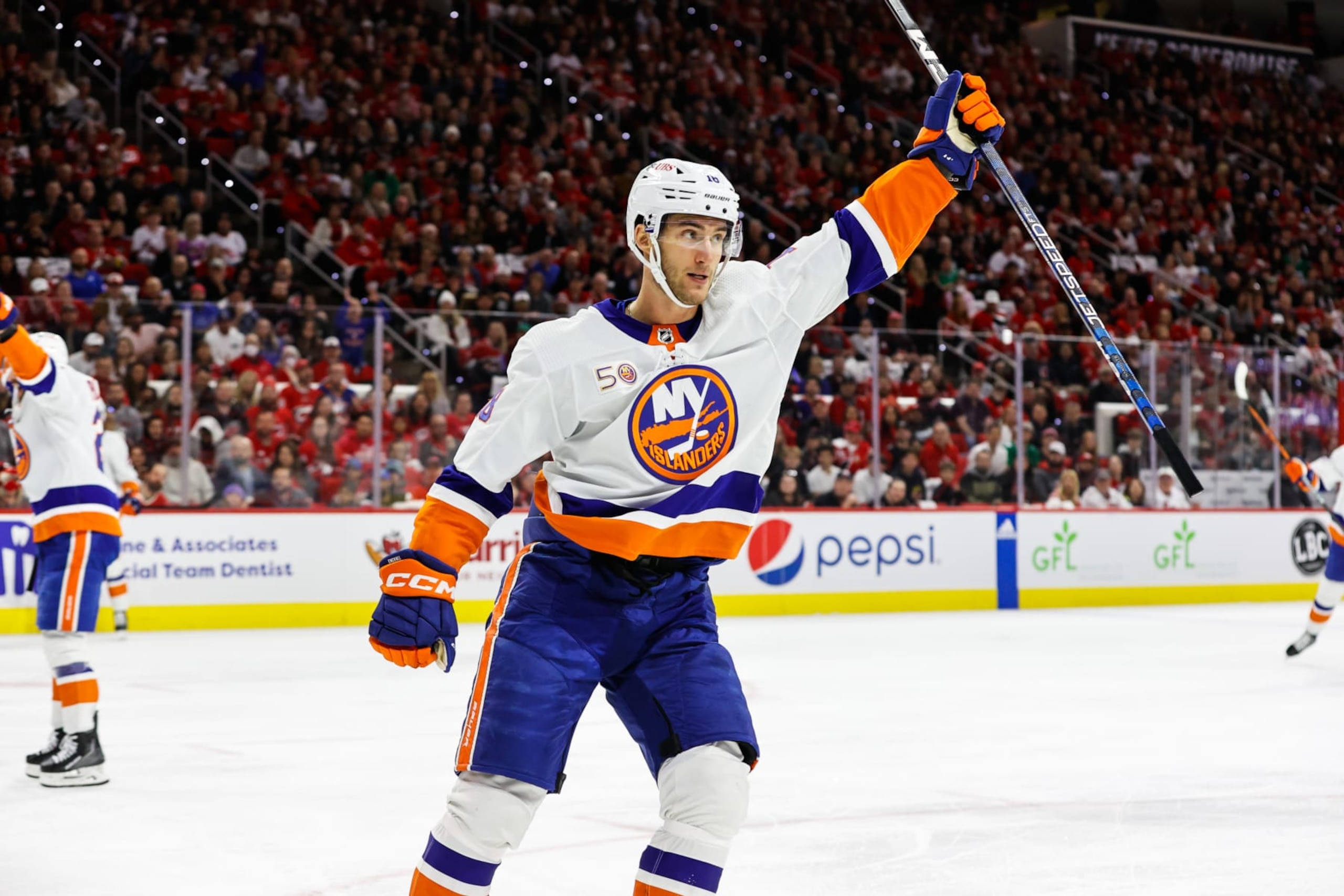 RALEIGH, NC - APRIL 25: Pierre Engvall #18 of the New York Islanders scores a goal against the Carolina Hurricanes during the first period of the Eastern Conference Game Five of the First Round of the 2023 Stanley Cup Playoffs at PNC Arena on April 25, 2023 in Raleigh, North Carolina. (Photo by Jaylynn Nash/Getty Images)