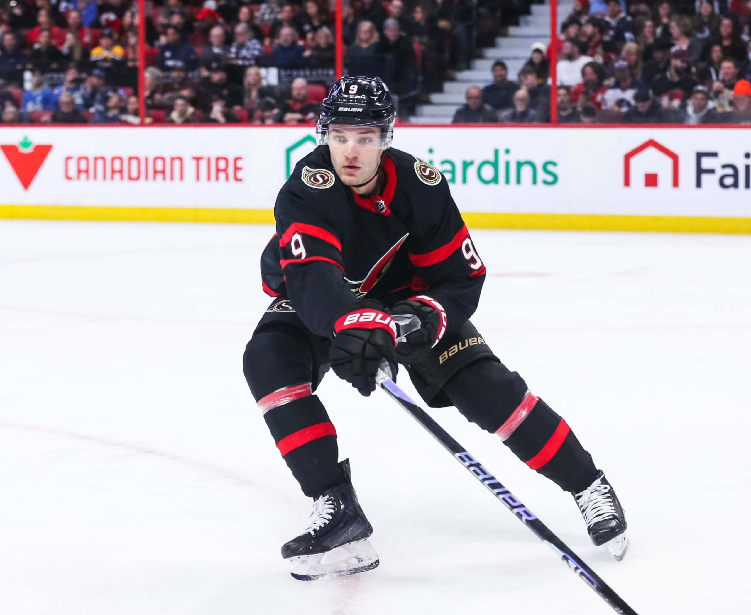 OTTAWA, CANADA - JANUARY 21: Josh Norris #9 of the Ottawa Senators skates against the Winnipeg Jets during the game at Canadian Tire Centre on January 21, 2023 in Ottawa, Ontario, Canada. (Photo by Chris Tanouye/Freestyle Photography/Getty Images)