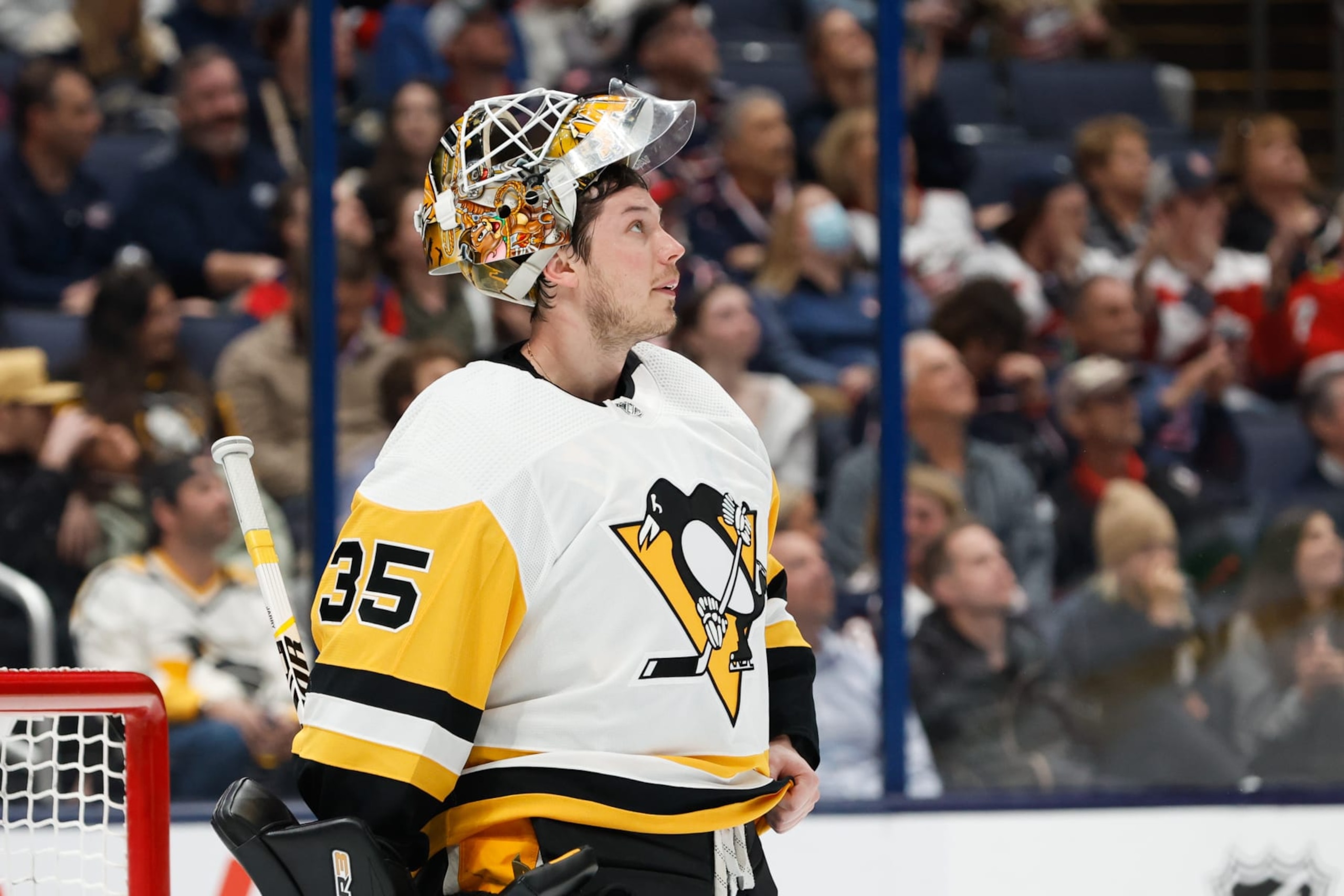 COLUMBUS, OH - APRIL 13: Pittsburgh Penguins goaltender Tristan Jarry (35) looks up at the scoreboard during a break in the action during the first period in a game against the Columbus Blue Jackets on April 13, 2023, at Nationwide Arena in Columbus, Ohio. (Photo by Graham Stokes/Icon Sportswire via Getty Images)