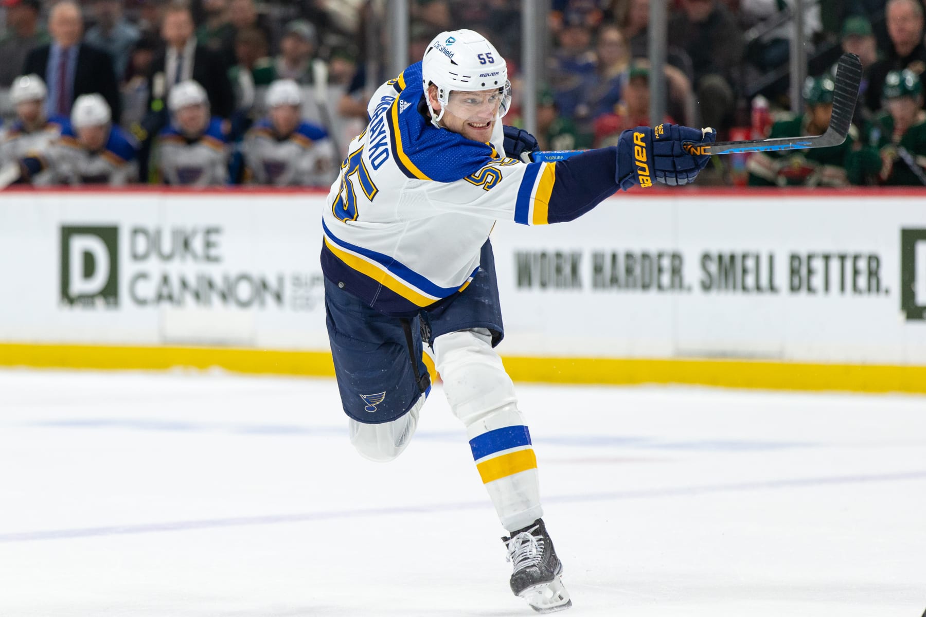 SAINT PAUL, MN - APRIL 08: St. Louis Blues defenseman Colton Parayko (55) shoots the puck during the NHL game between the Vegas St. Louis Blues and Minnesota Wild, on April 8th, 2023, at the Xcel Energy Center in Saint Paul, MN. (Photo by Bailey Hillesheim/Icon Sportswire via Getty Images)