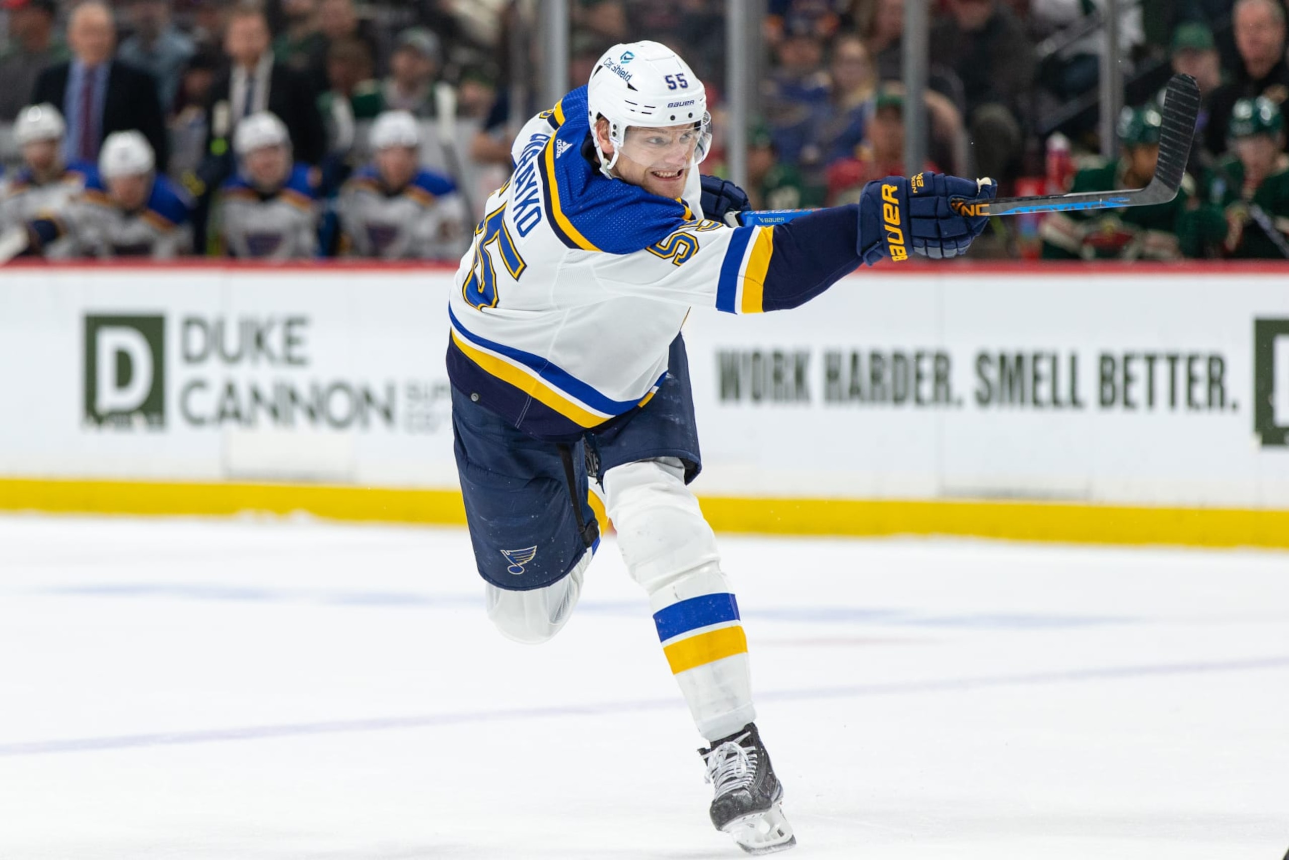 SAINT PAUL, MN - APRIL 08: St. Louis Blues defenseman Colton Parayko (55) shoots the puck during the NHL game between the Vegas St. Louis Blues and Minnesota Wild, on April 8th, 2023, at the Xcel Energy Center in Saint Paul, MN. (Photo by Bailey Hillesheim/Icon Sportswire via Getty Images)
