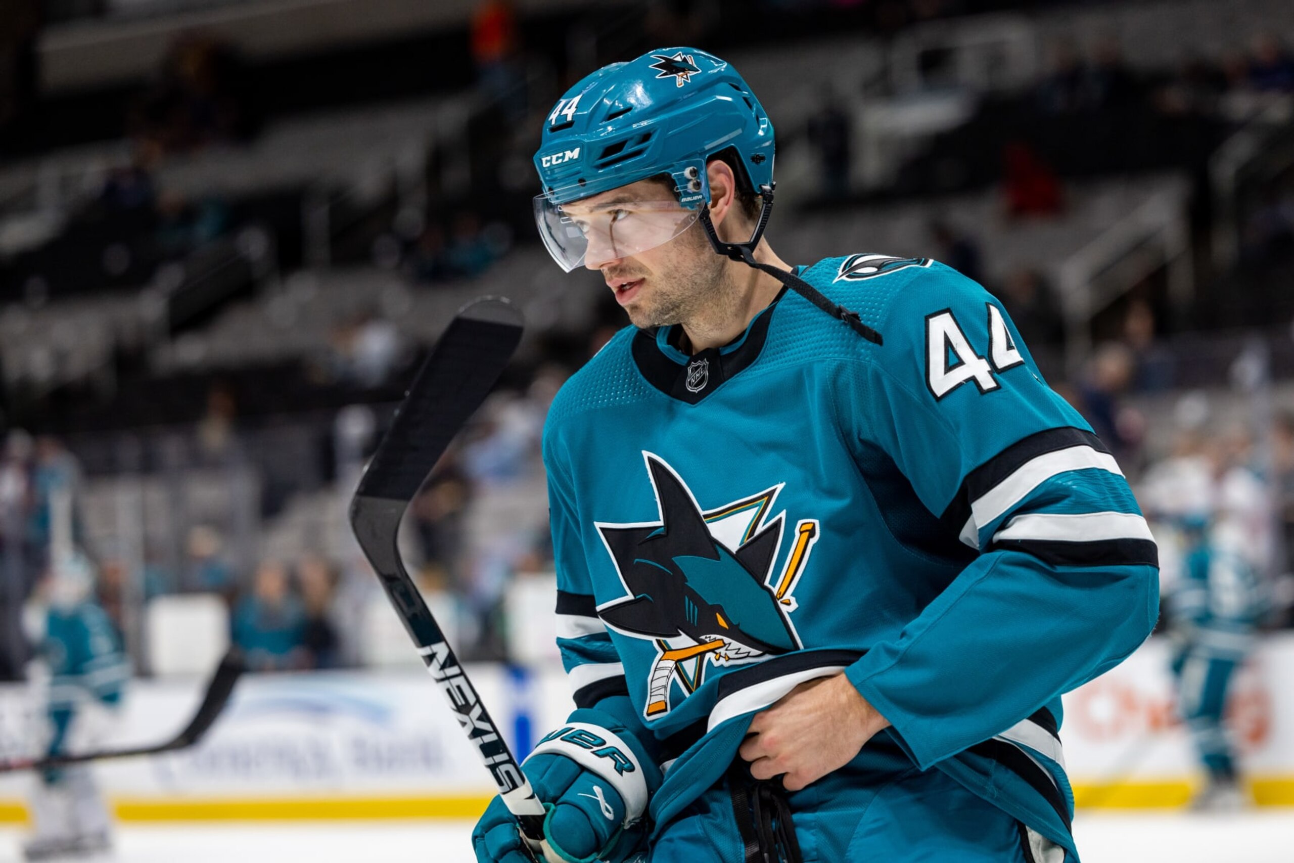 SAN JOSE, CA - APRIL 06: San Jose Sharks Defenceman Marc-Edouard Vlasic (44) warms up before the NHL pro hockey game between the Colorado Avalanche and San Jose Sharks on April 6, 2023 at the SAP Center in San Jose, CA. (Photo by Bob Kupbens/Icon Sportswire via Getty Images)