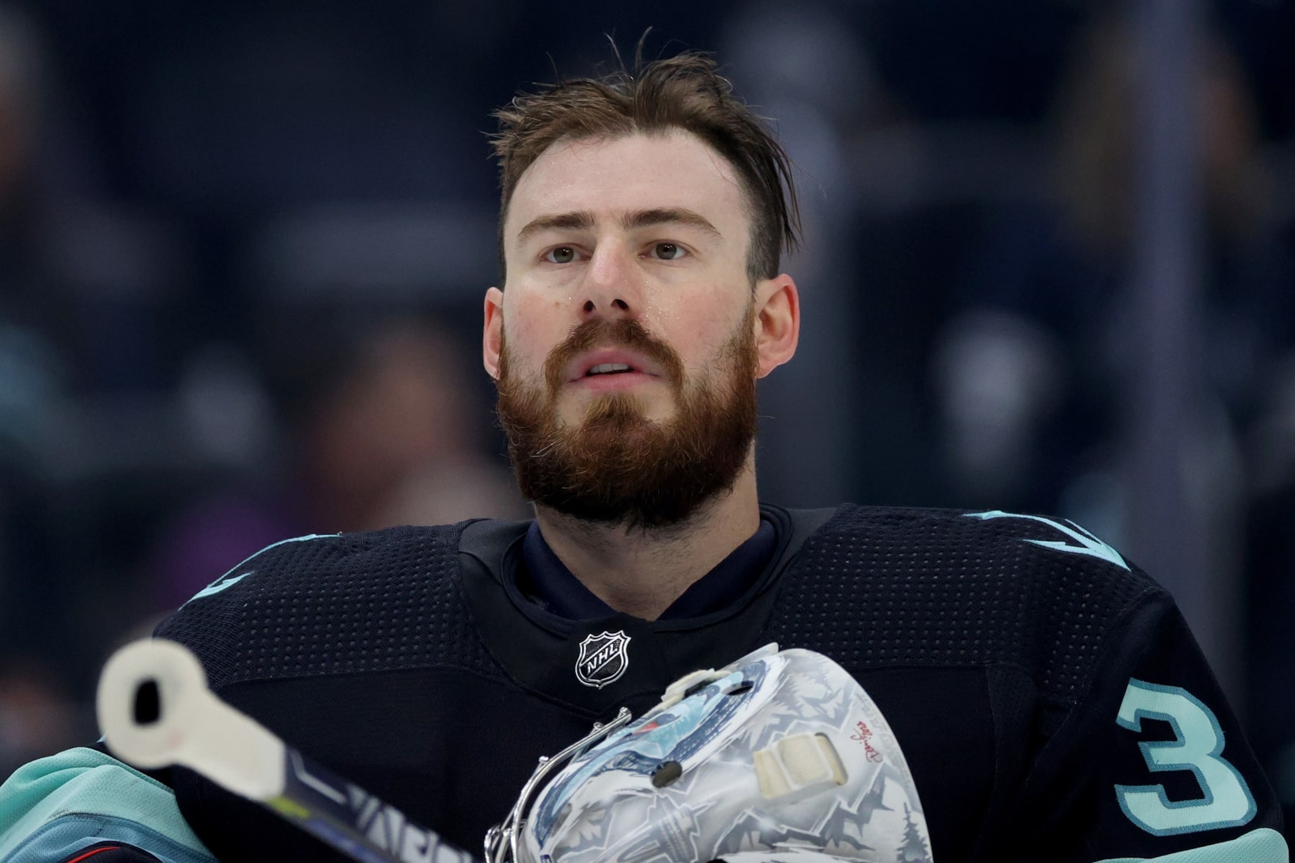 SEATTLE, WASHINGTON - MAY 13: Philipp Grubauer #31 of the Seattle Kraken looks on against the Dallas Stars during the third period in Game Six of the Second Round of the 2023 Stanley Cup Playoffs at Climate Pledge Arena on May 13, 2023 in Seattle, Washington. (Photo by Steph Chambers/Getty Images)