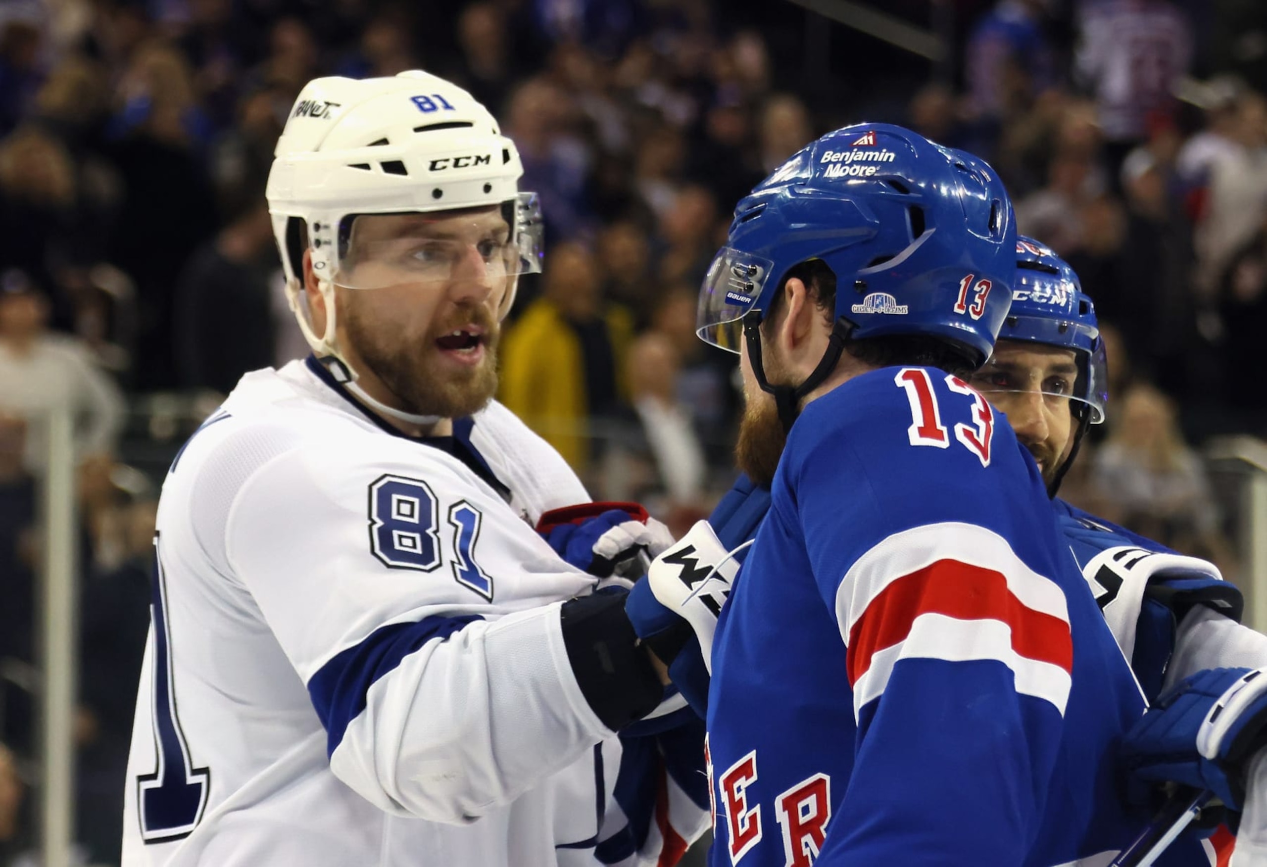 NEW YORK, NEW YORK - APRIL 05: Erik Cernak #81 of the Tampa Bay Lightning chats with Alexis Lafreniere #13 of the New York Rangers at the end of their game at Madison Square Garden on April 05, 2023 in New York City. (Photo by Bruce Bennett/Getty Images)