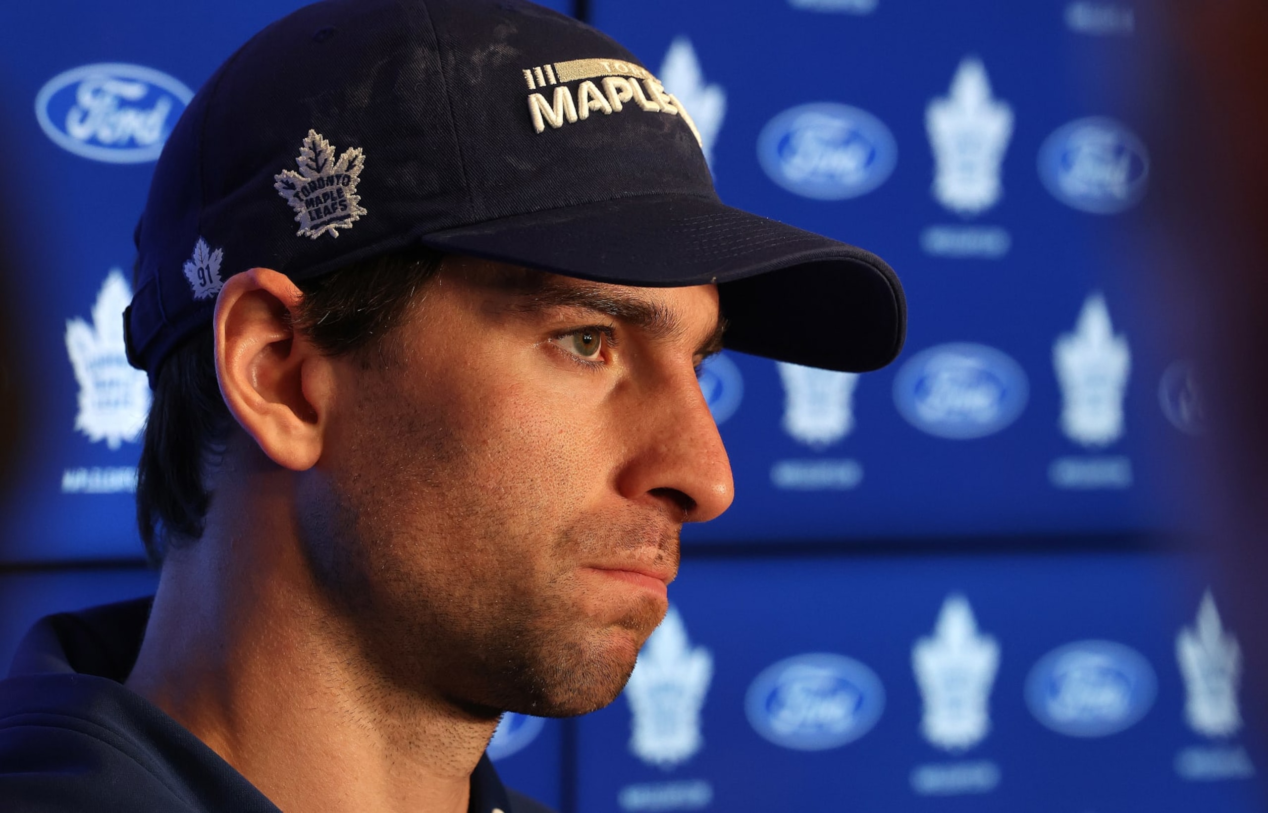 TORONTO, ON- MAY 15  - Toronto Maple Leafs center John Tavares (91) answers questions as the Toronto Maple Leafs clean out their lockers and hold season ending interviews after  being eliminated by the Florida Panthers in the second round of the NHL Stanley Cup playoffs  at Ford Performance Centre in Toronto. May 15, 2023.        (Steve Russell/Toronto Star via Getty Images)