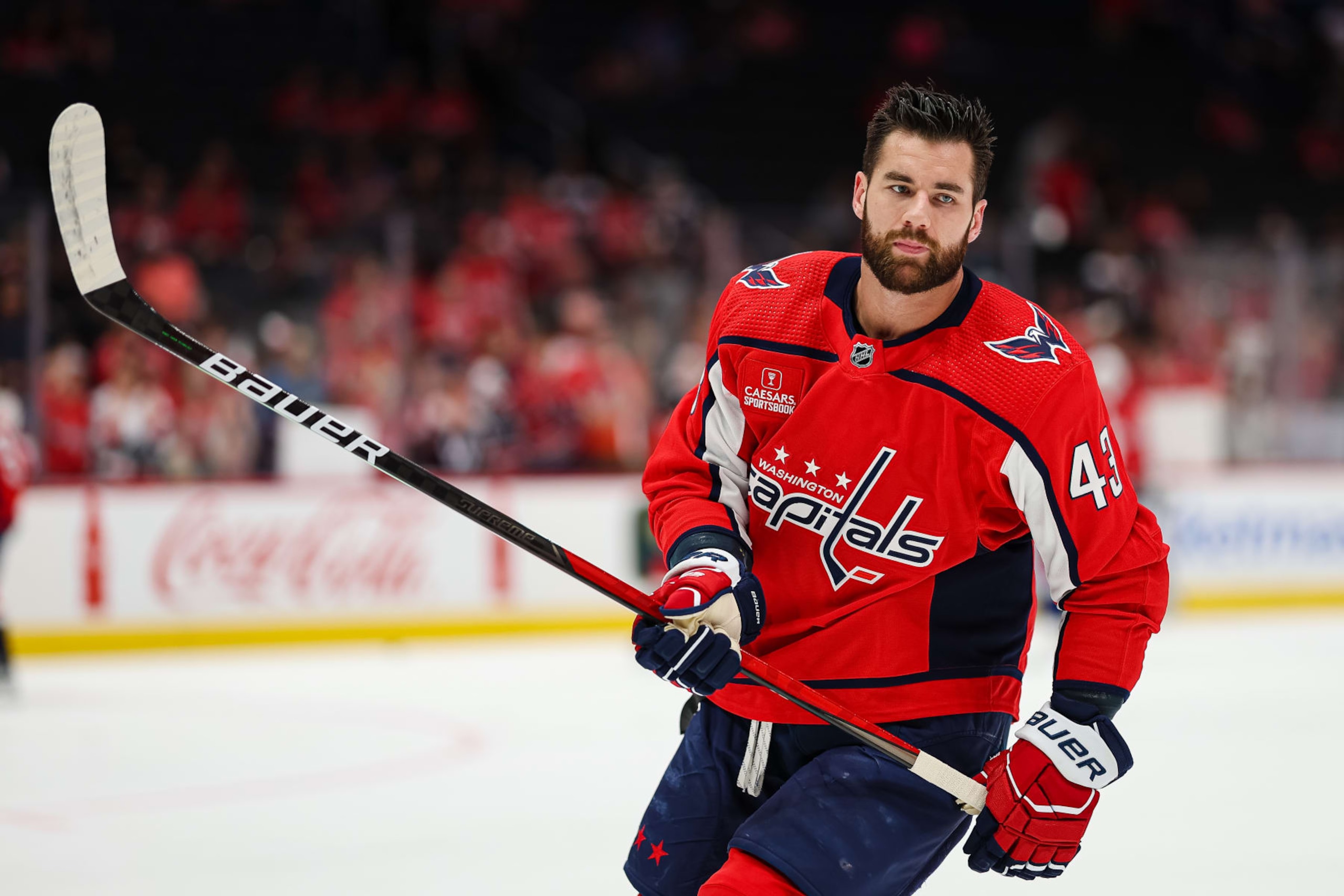 WASHINGTON, DC - APRIL 13: Tom Wilson #43 of the Washington Capitals skates before the game against the New Jersey Devils at Capital One Arena on April 13, 2023 in Washington, DC. (Photo by Scott Taetsch/Getty Images)