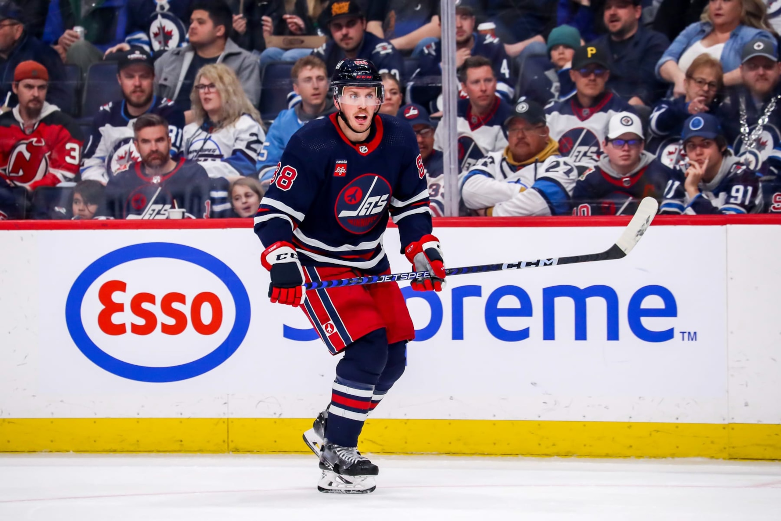 WINNIPEG, CANADA - APRIL 2: Nate Schmidt #88 of the Winnipeg Jets keeps an eye on the play during third period action against the New Jersey Devils at the Canada Life Centre on April 2, 2023 in Winnipeg, Manitoba, Canada. The Jets defeated the Devils 6-1. (Photo by Darcy Finley/NHLI via Getty Images)