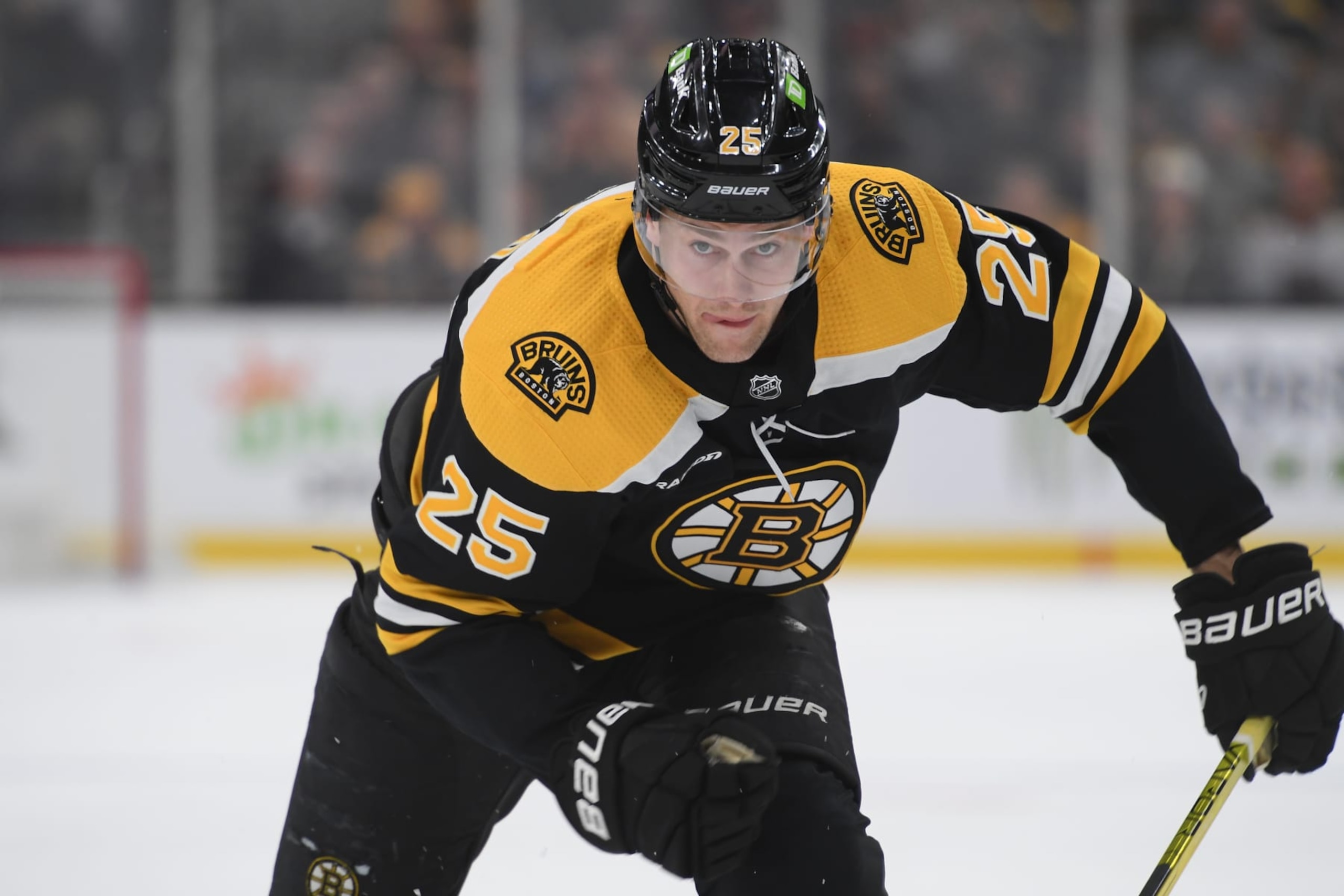 BOSTON, MASSACHUSETTS  APRIL 19: Brandon Carlo #25 of the Boston Bruins skates against the Florida Panthers in Game Two of the First Round of the 2023 Stanley Cup Playoffs at TD Garden on April 19, 2023, in Boston, Massachusetts. (Photo by Steve Babineau/NHLI via Getty Images)