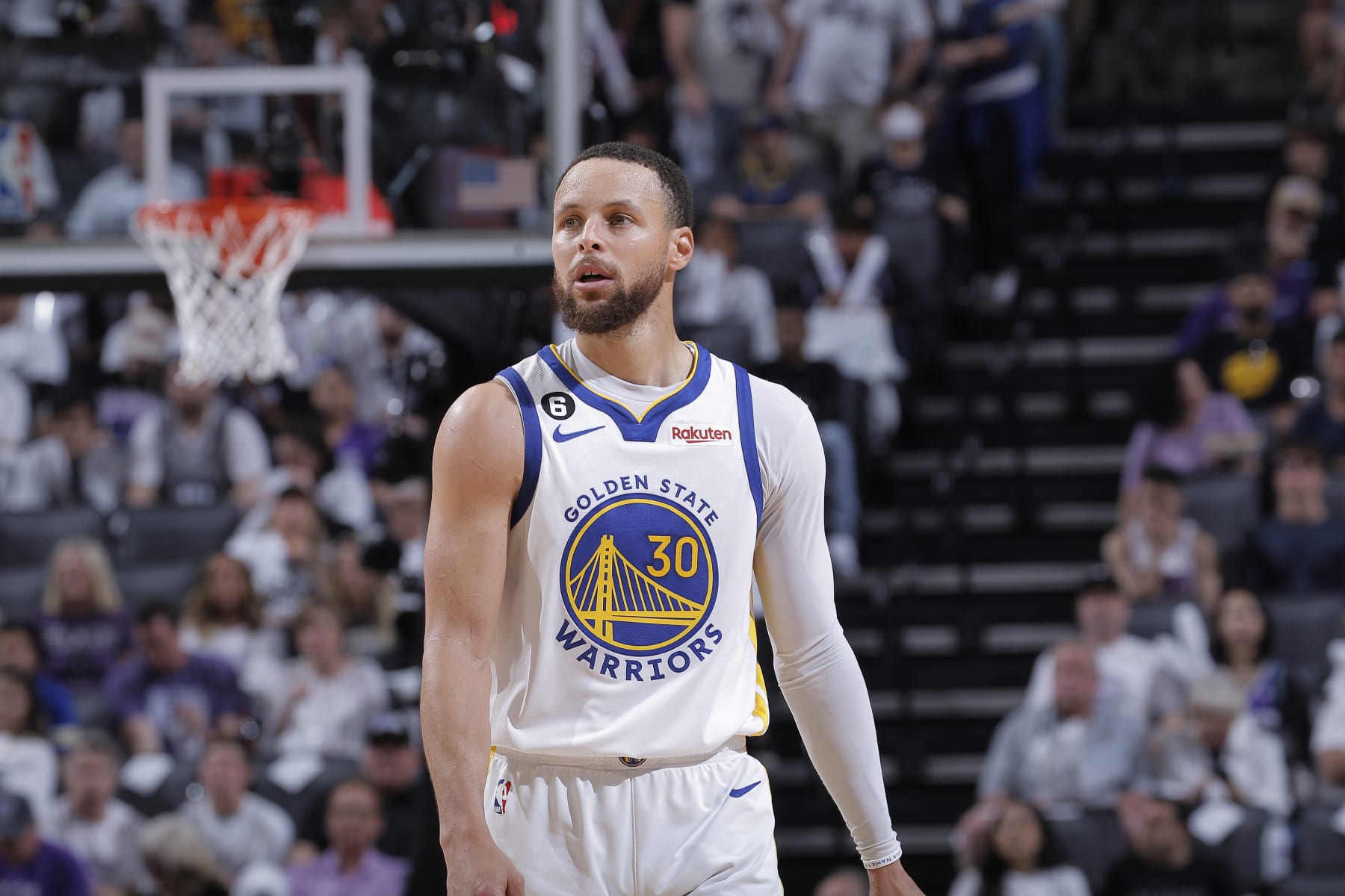 SACRAMENTO, CA - APRIL 30: Stephen Curry #30 of the Golden State Warriors looks on during the game against the Sacramento Kings during Round 1 Game 7 of the 2023 NBA Playoffs on April 30, 2023 at Golden 1 Center in Sacramento, California. NOTE TO USER: User expressly acknowledges and agrees that, by downloading and or using this photograph, User is consenting to the terms and conditions of the Getty Images Agreement. Mandatory Copyright Notice: Copyright 2023 NBAE (Photo by Rocky Widner/NBAE via Getty Images)