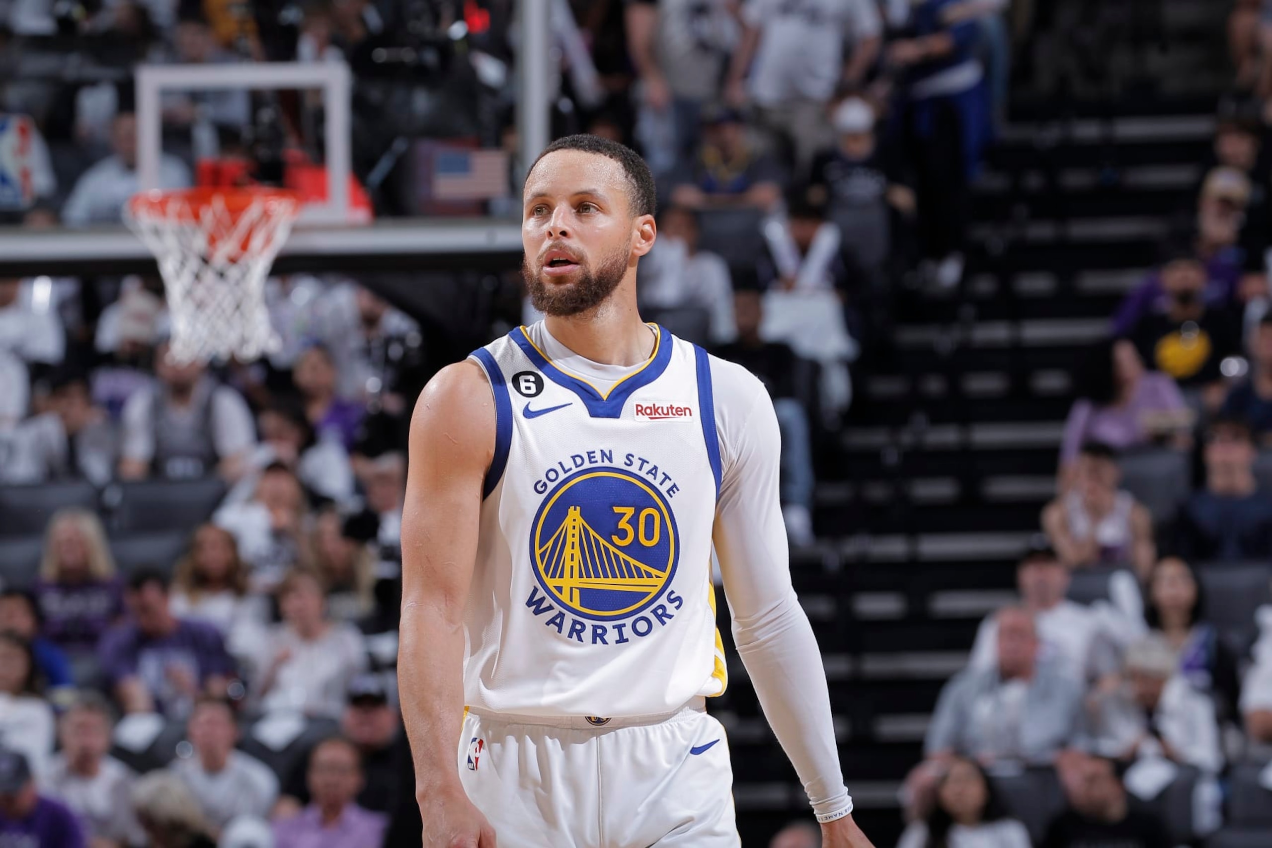SACRAMENTO, CA - APRIL 30: Stephen Curry #30 of the Golden State Warriors looks on during the game against the Sacramento Kings during Round 1 Game 7 of the 2023 NBA Playoffs on April 30, 2023 at Golden 1 Center in Sacramento, California. NOTE TO USER: User expressly acknowledges and agrees that, by downloading and or using this photograph, User is consenting to the terms and conditions of the Getty Images Agreement. Mandatory Copyright Notice: Copyright 2023 NBAE (Photo by Rocky Widner/NBAE via Getty Images)