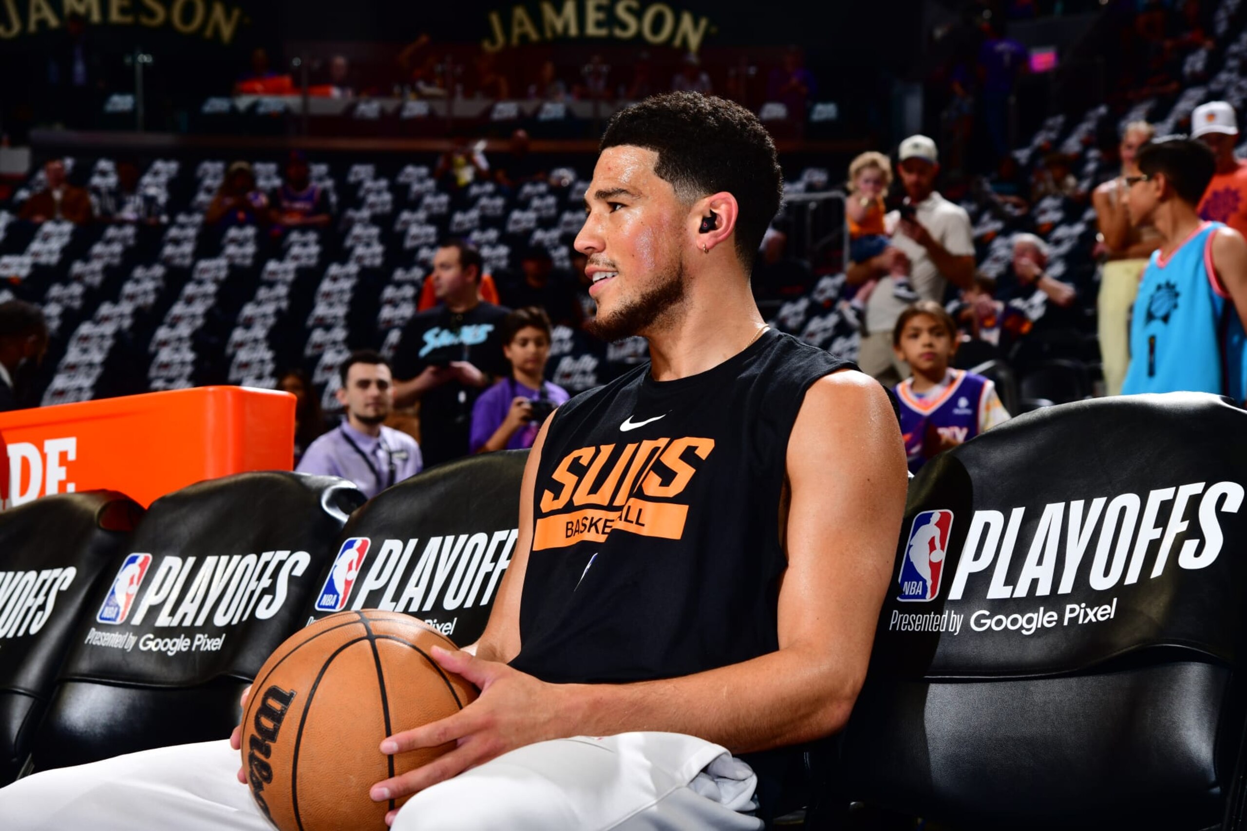 PHOENIX, AZ - MAY 7:  Devin Booker #1 of the Phoenix Suns looks on before the game during round two game four of the 2023 NBA Playoffs on May 7, 2023 at Footprint Center in Phoenix, Arizona. NOTE TO USER: User expressly acknowledges and agrees that, by downloading and or using this photograph, user is consenting to the terms and conditions of the Getty Images License Agreement. Mandatory Copyright Notice: Copyright 2022 NBAE (Photo by Barry Gossage/NBAE via Getty Images)