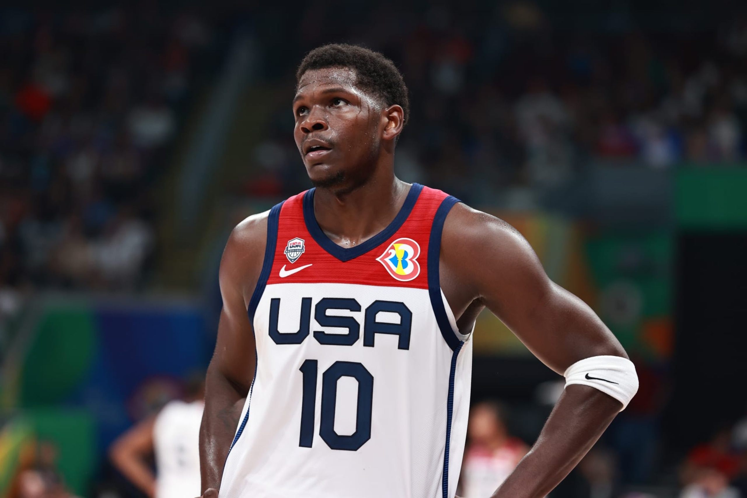 MANILA, PHILIPPINES - SEPTEMBER 8:   Anthony Edwards #10 of the Senior Men's National Team looks on during the game in the semi-finals as part of the 2023 FIBA World Cup on September 8, 2023 at Mall of Asia Arena in Manila, Philippines. NOTE TO USER: User expressly acknowledges and agrees that, by downloading and/or using this photograph, user is consenting to the terms and conditions of the Getty Images License Agreement. Mandatory Copyright Notice: Copyright 2023 NBAE (Photo by Nathaniel S. Butler/NBAE via Getty Images)