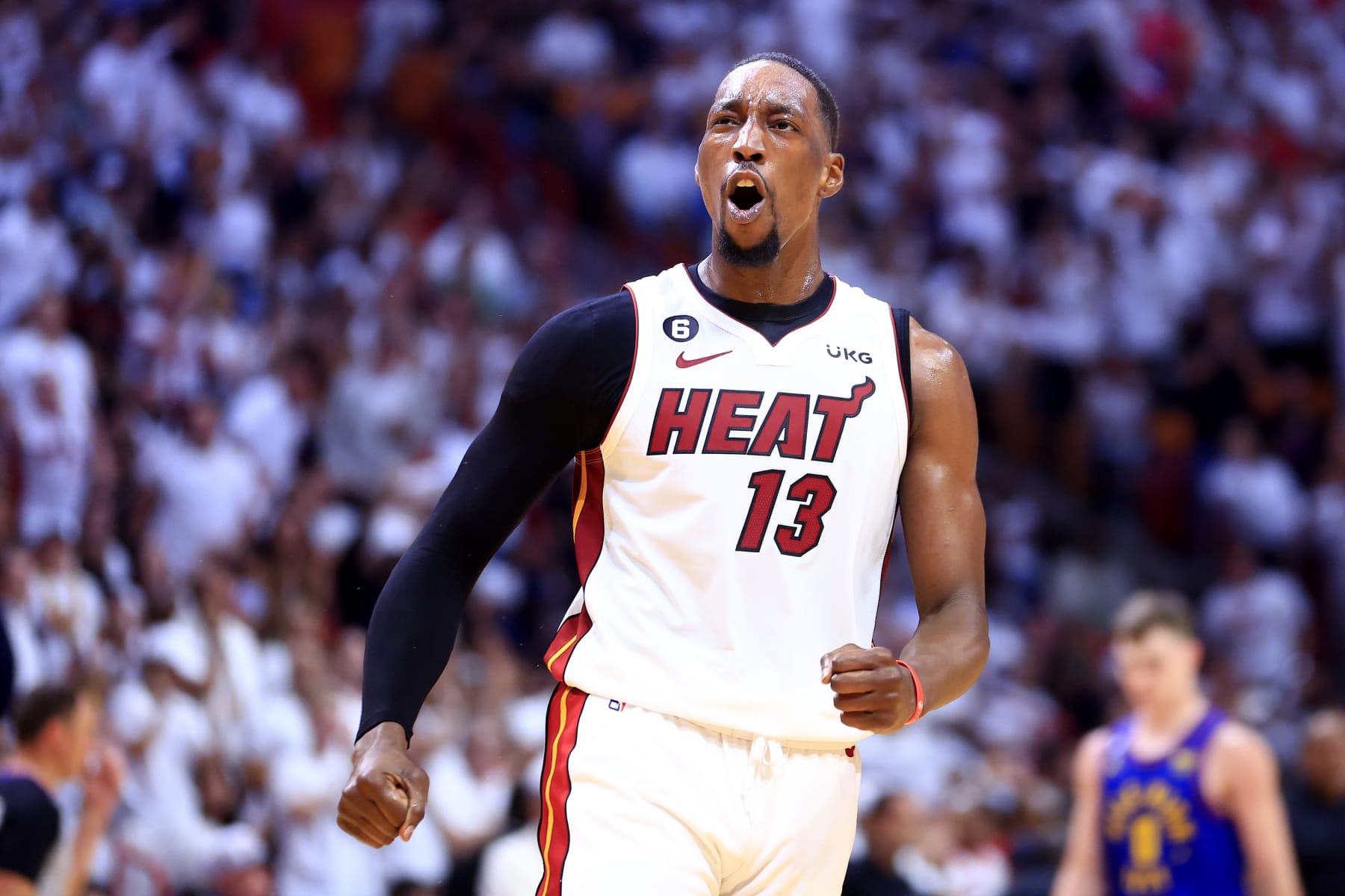 MIAMI, FLORIDA - JUNE 07: Bam Adebayo #13 of the Miami Heat reacts during the first quarter against the Denver Nuggets in Game Three of the 2023 NBA Finals at Kaseya Center on June 07, 2023 in Miami, Florida. NOTE TO USER: User expressly acknowledges and agrees that, by downloading and or using this photograph, User is consenting to the terms and conditions of the Getty Images License Agreement. (Photo by Mike Ehrmann/Getty Images)