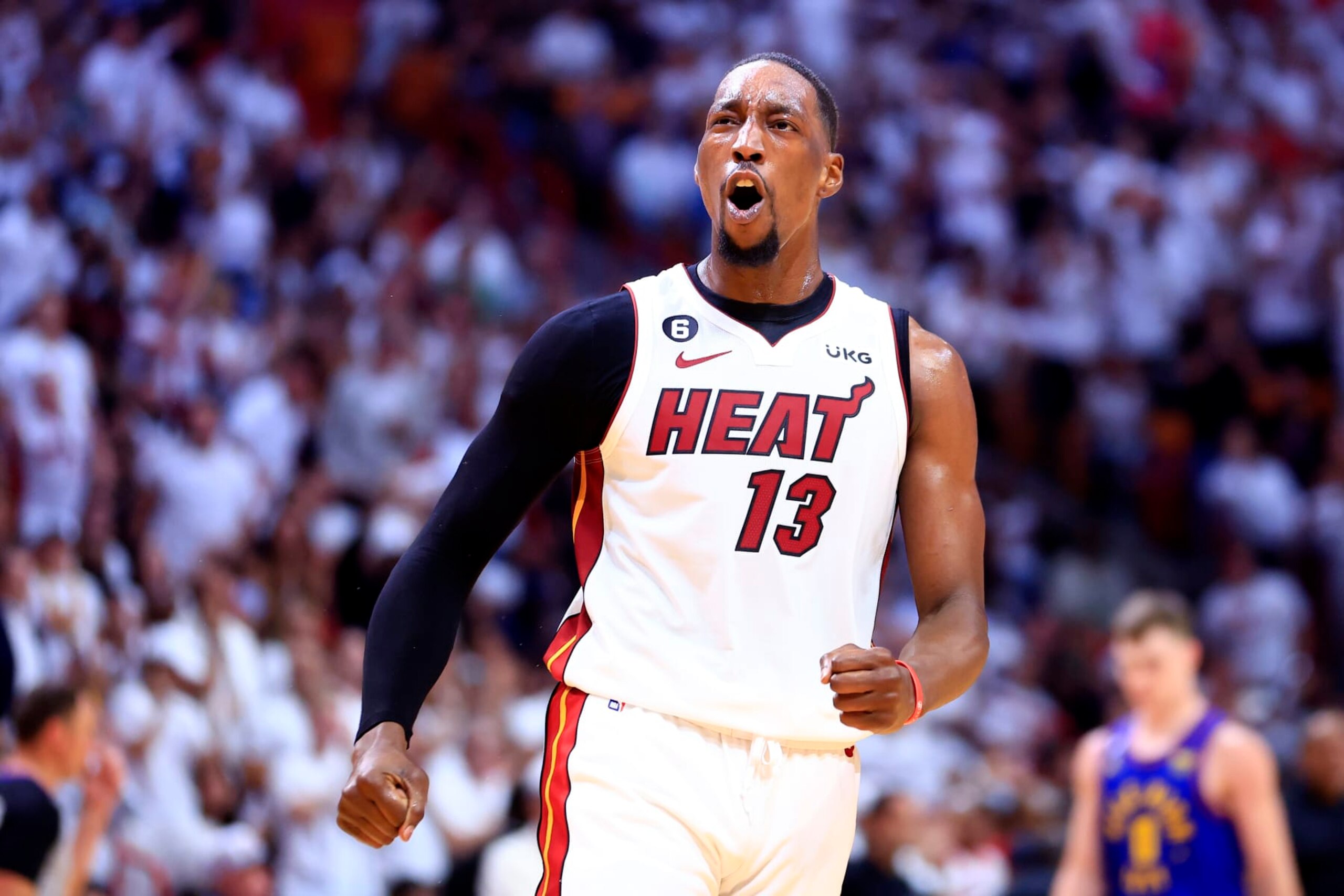 MIAMI, FLORIDA - JUNE 07: Bam Adebayo #13 of the Miami Heat reacts during the first quarter against the Denver Nuggets in Game Three of the 2023 NBA Finals at Kaseya Center on June 07, 2023 in Miami, Florida. NOTE TO USER: User expressly acknowledges and agrees that, by downloading and or using this photograph, User is consenting to the terms and conditions of the Getty Images License Agreement. (Photo by Mike Ehrmann/Getty Images)